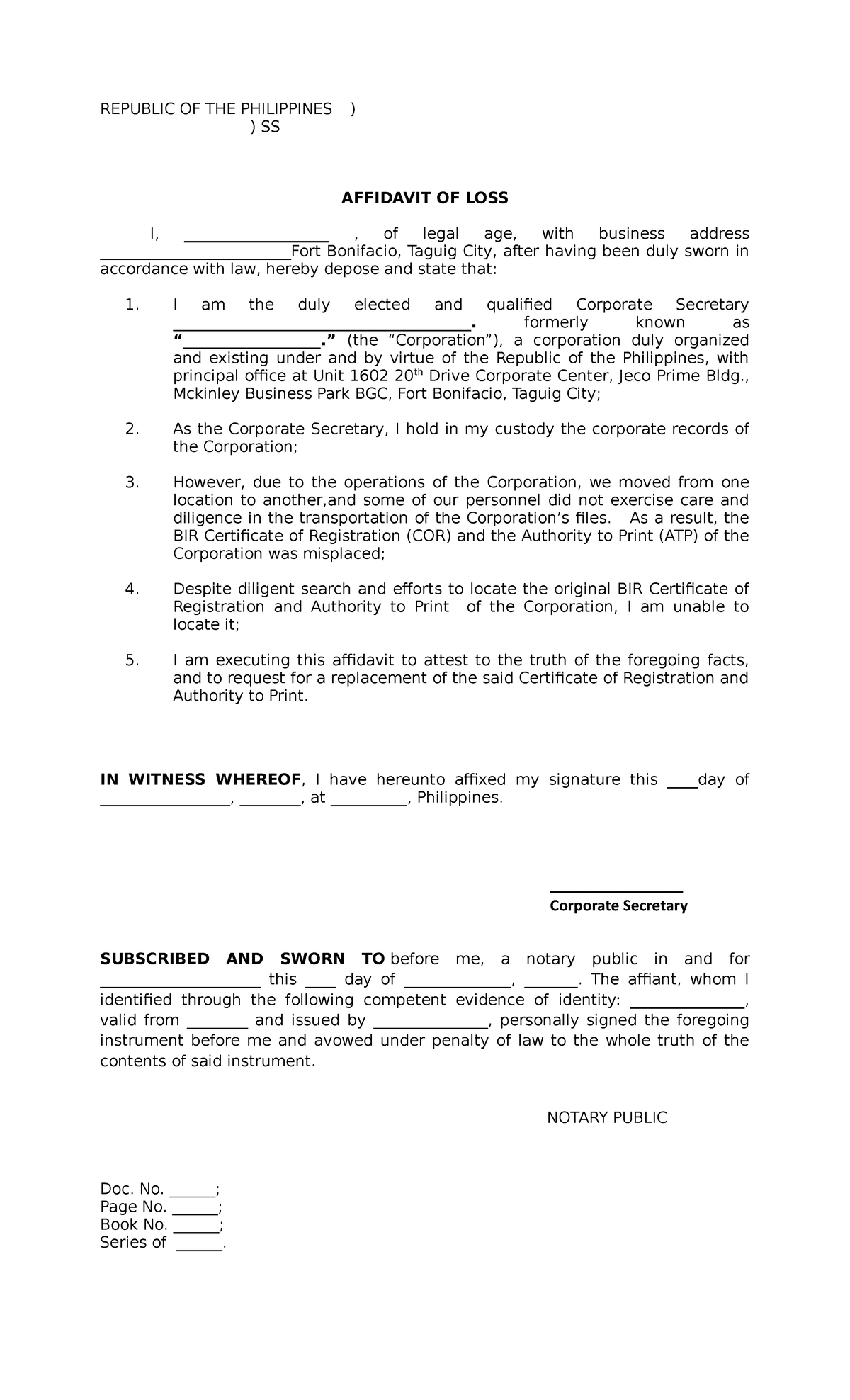 affidavit-of-loss-cor-for-loss-document-republic-of-the-philippines