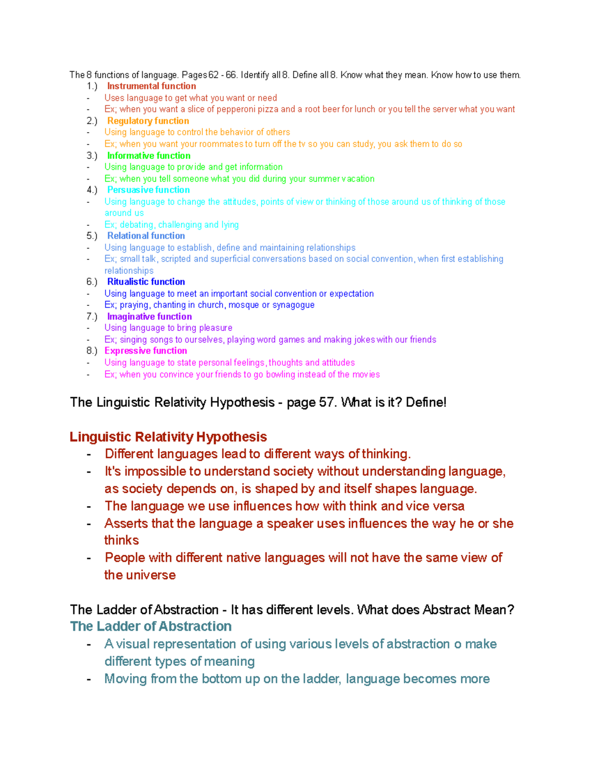 Chapters 3,4,5 study guide for coms - The 8 functions of language ...