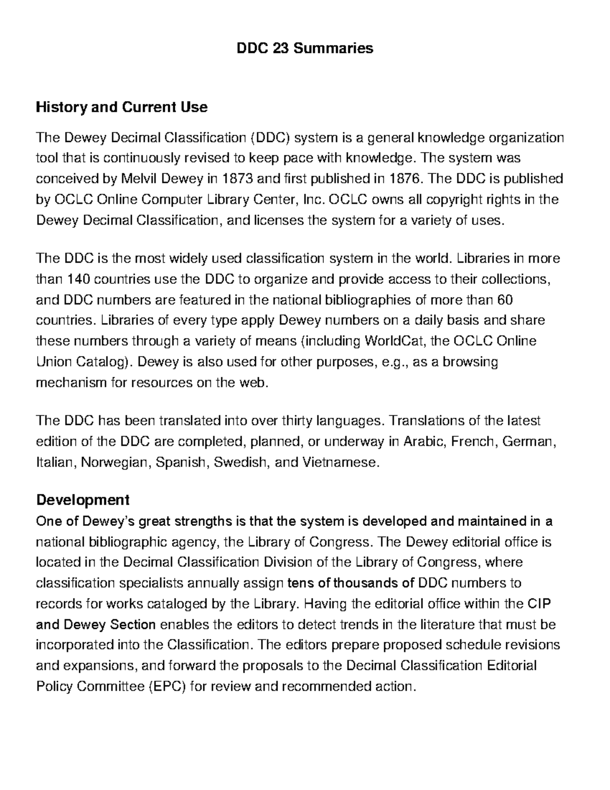 Ddc 23 summaries oclc ddc 23 summaries history and current use the