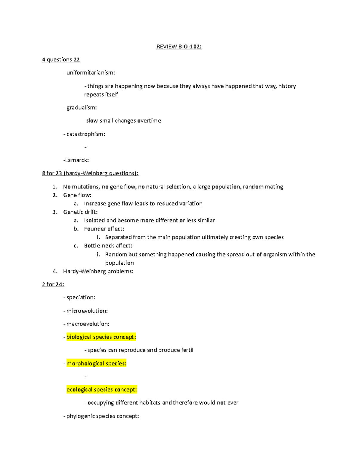 BIO-182 Quiz 1 review - REVIEW BIO-182: 4 questions 22 ...