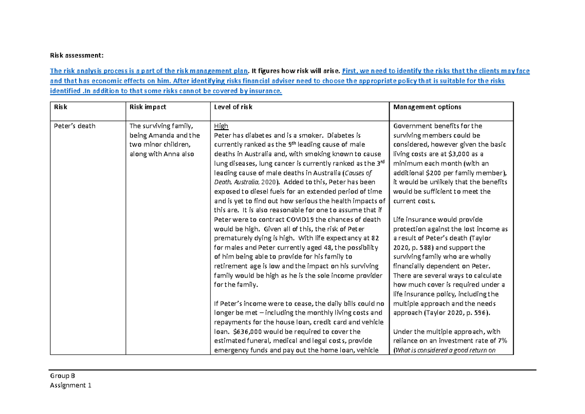 Assignment 1 investment planning - Group B Risk assessment: The risk ...