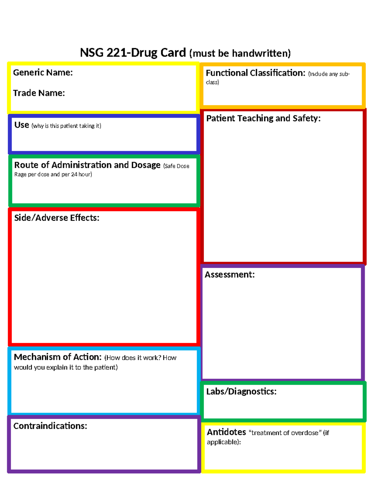 Drug Card template - NSG 221-Drug Card (must be handwritten) Patient ...