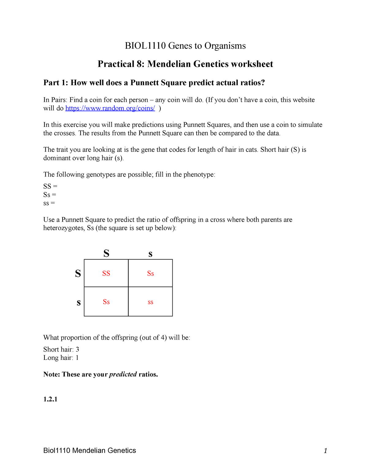 5 Biol 1110 Mendelian Genetics Worksheet For 2022 Biol1110 Genes To Organisms Practical 8