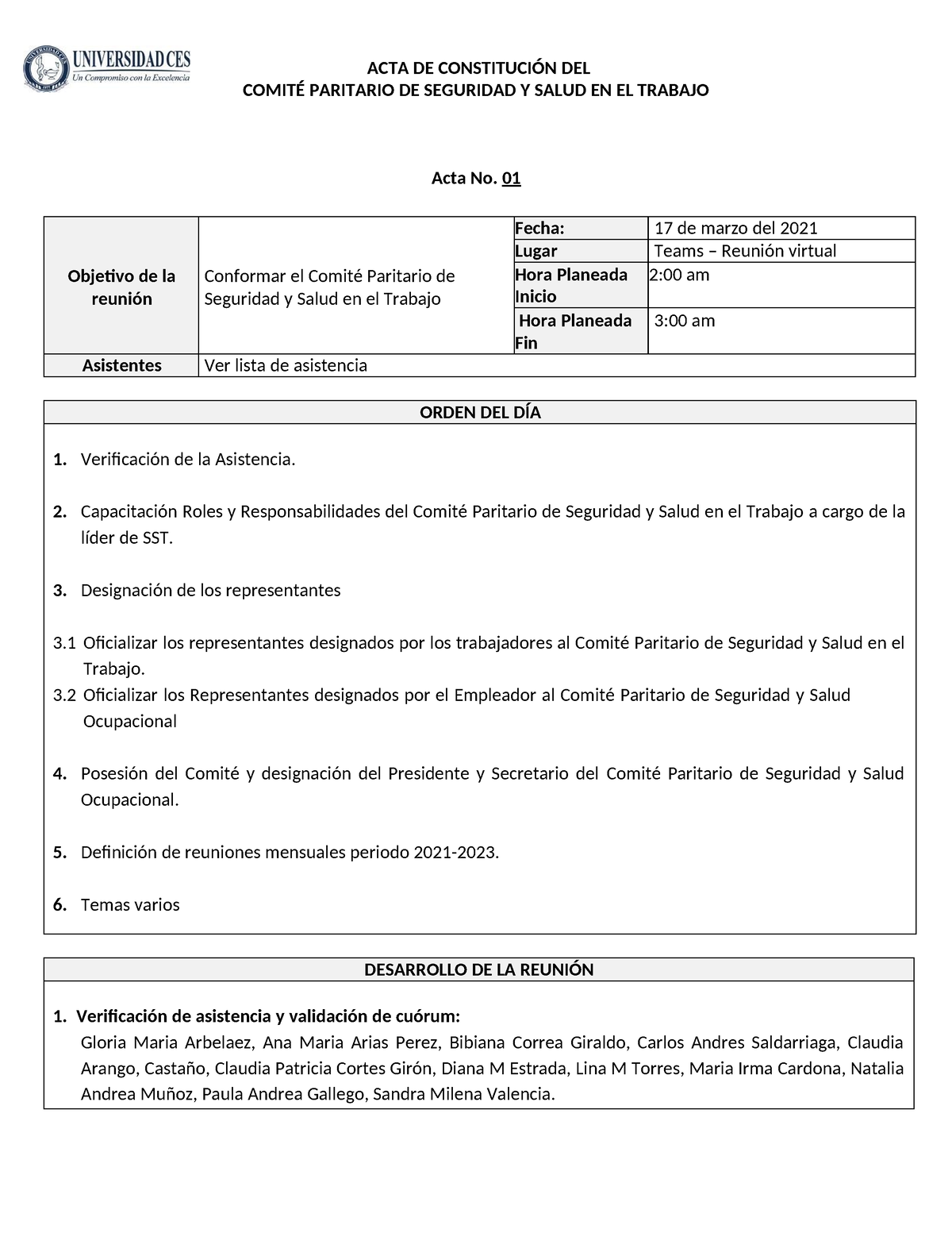 ACTA DE Conformación DE Copasst - ACTA DE CONSTITUCIÓN DEL COMITÉ ...