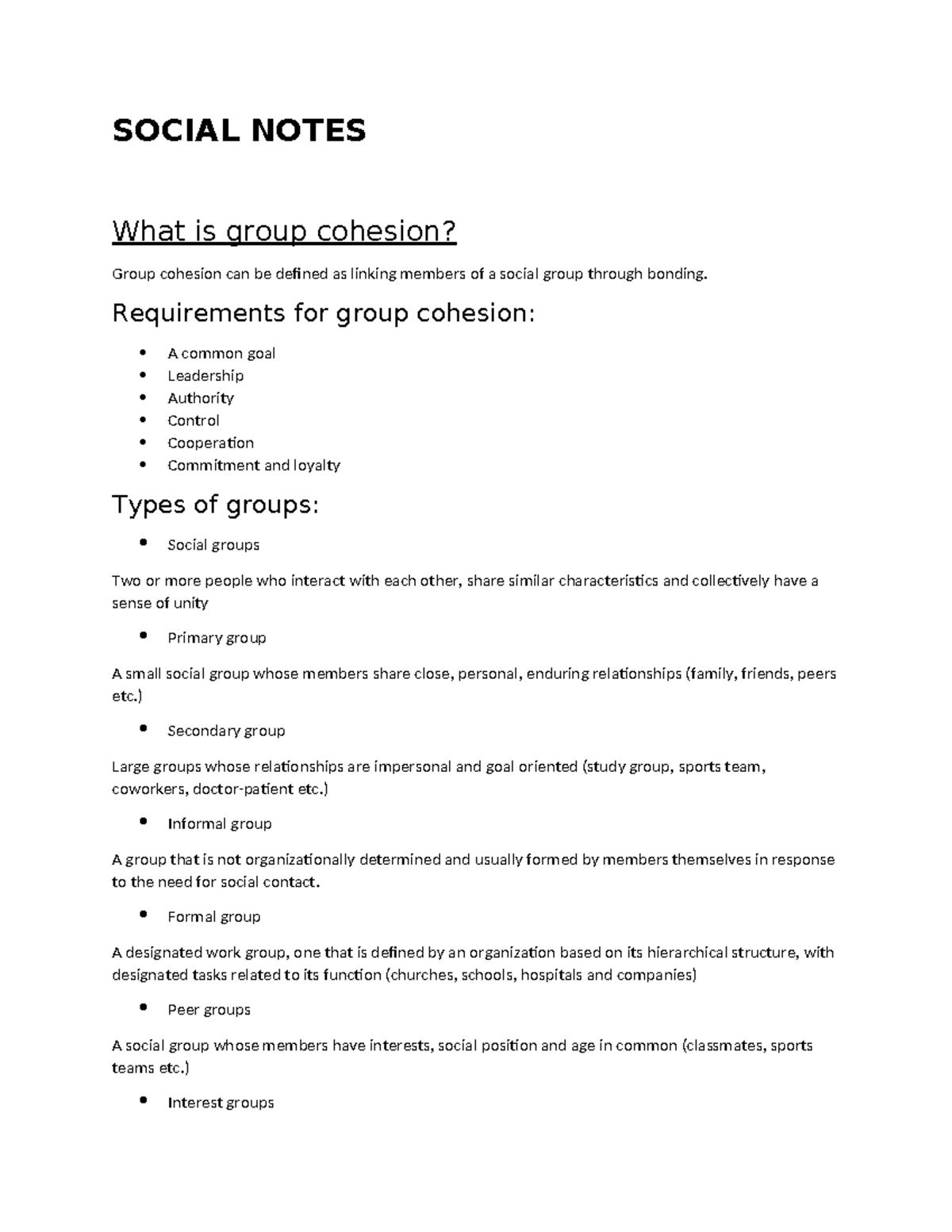 Social Notes - SOCIAL NOTES What is group cohesion? Group cohesion can ...
