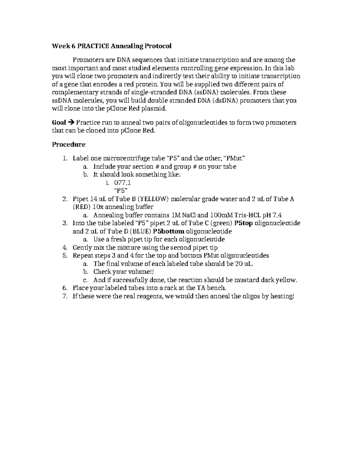 Bio 134 Wk 6 Practice Annealing Oligos Week 6 PRACTICE Annealing