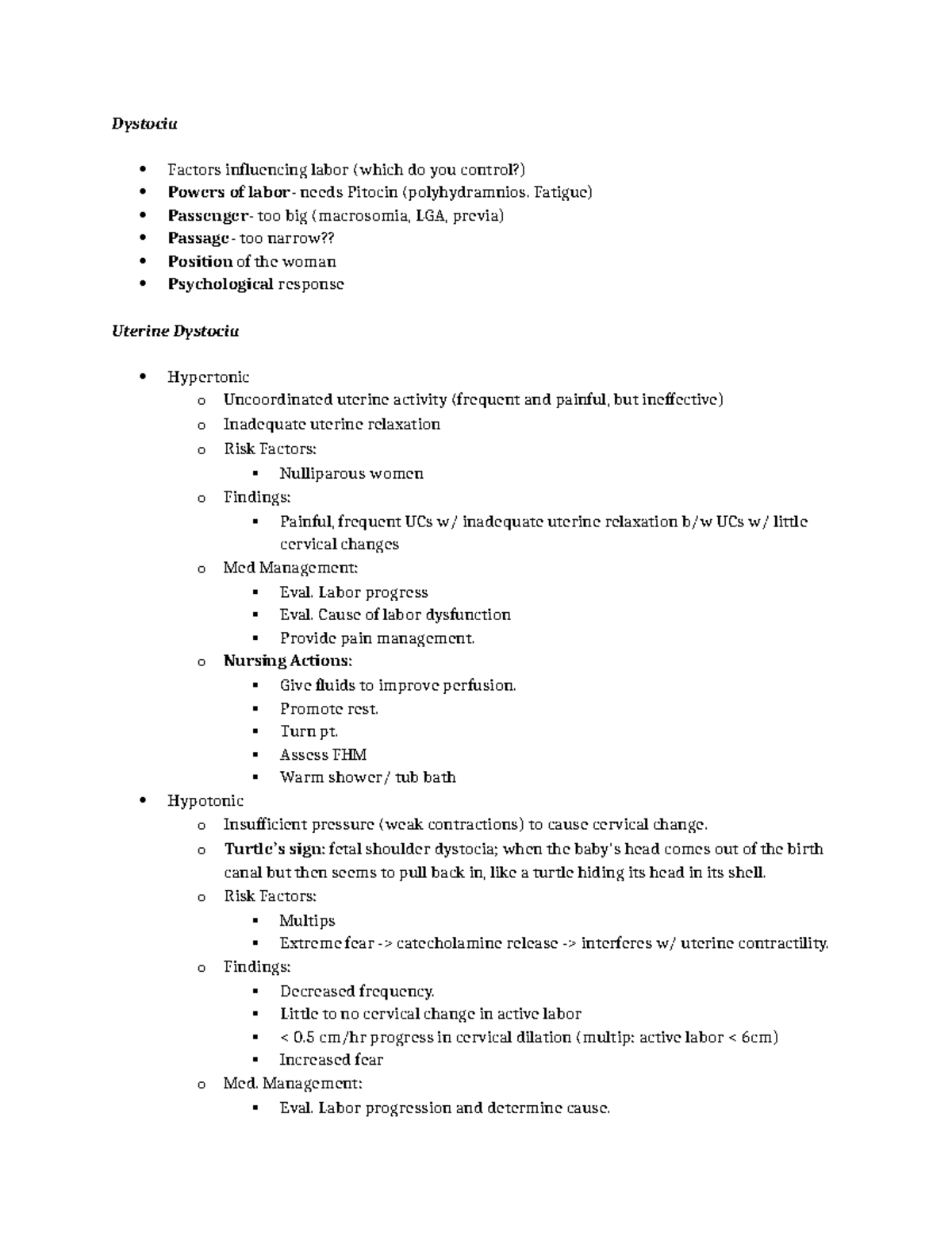 Lecture notes - week 7 - Dystocia Factors influencing labor (which do ...