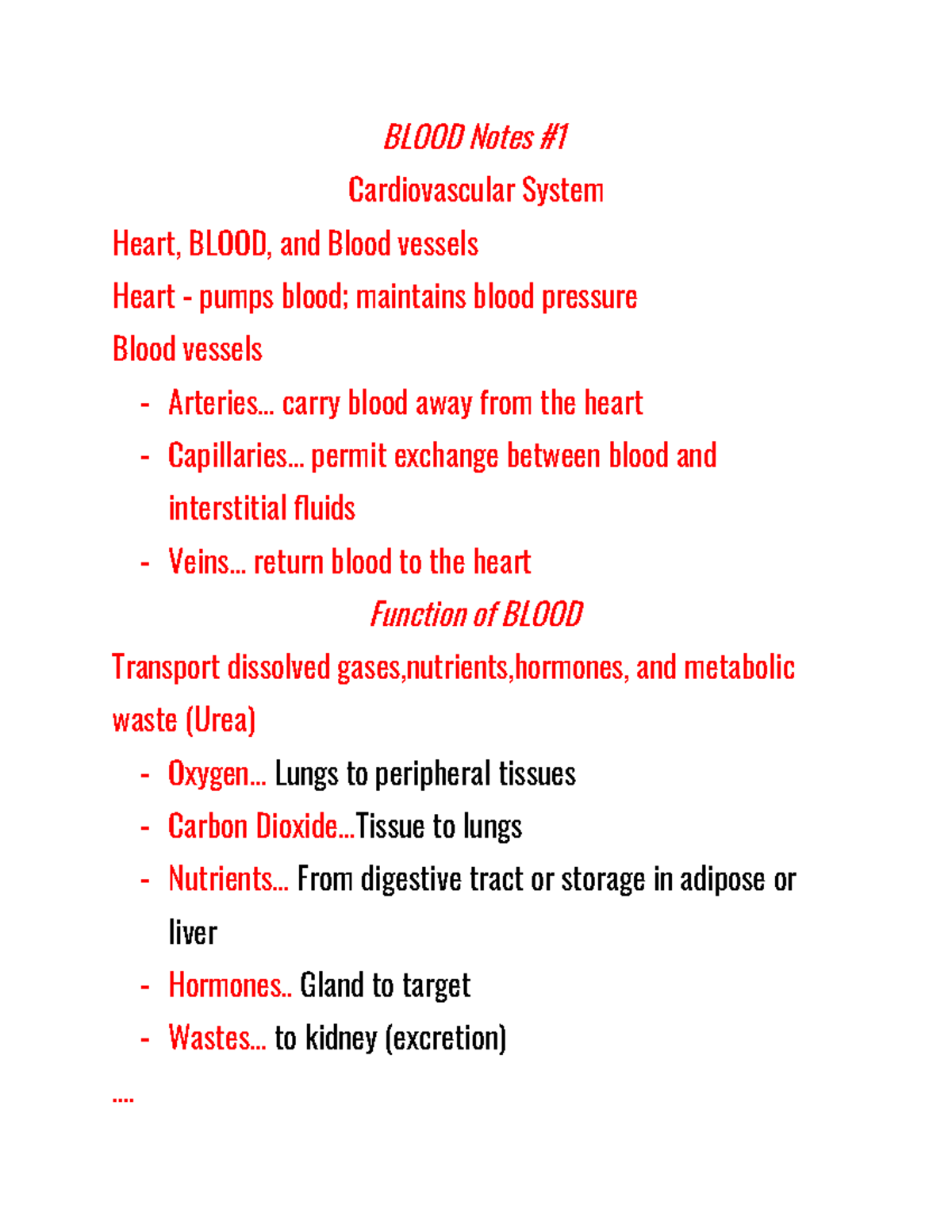 Blood Notes #1 - BLOOD Notes Cardiovascular System Heart, BLOOD, and ...