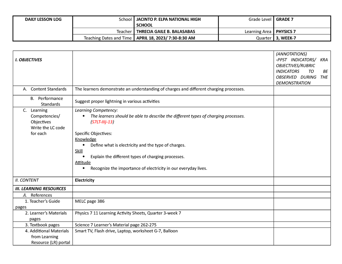 Lesson Plan Electricity Daily Lesson Log School Jacinto P Elpa