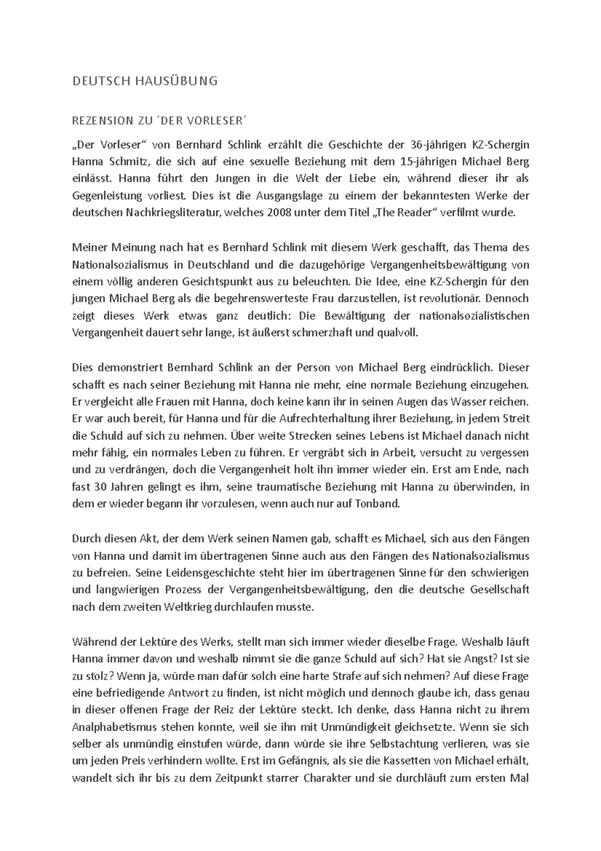 Rezension Zu Der Vorleser D Hausübung der Vorleser - DEUTSCH HAUSÜBUNG REZENSION ZU ́DER VORLESER