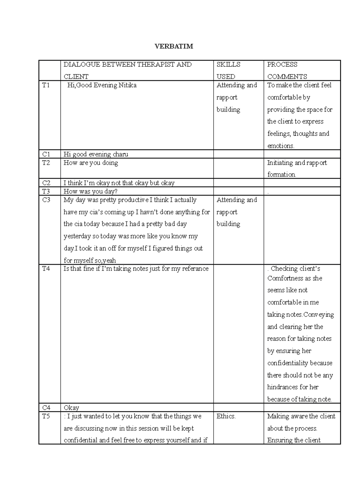 Verbatim neet VERBATIM DIALOGUE BETWEEN THERAPIST AND CLIENT SKILLS