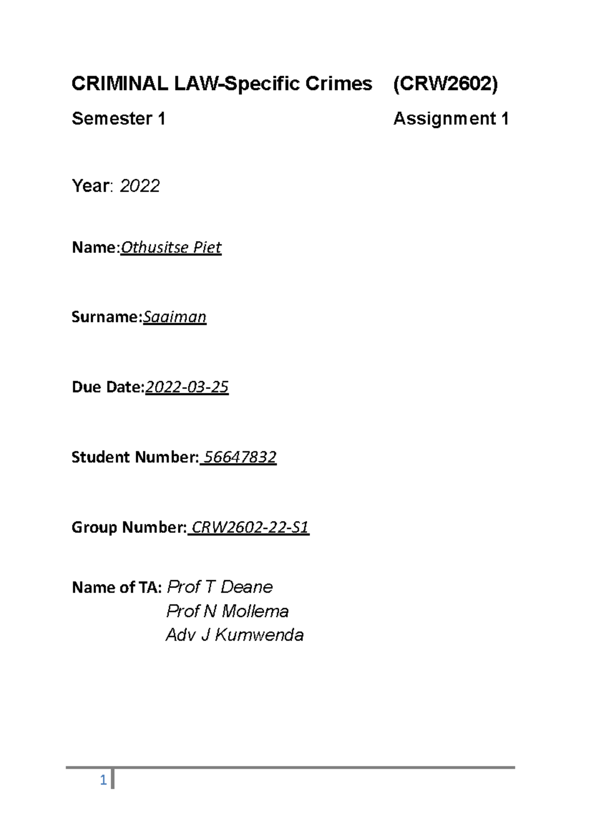 56647832 CRW2602 assignment 1 Answers - CRIMINAL LAW-Specific Crimes ...