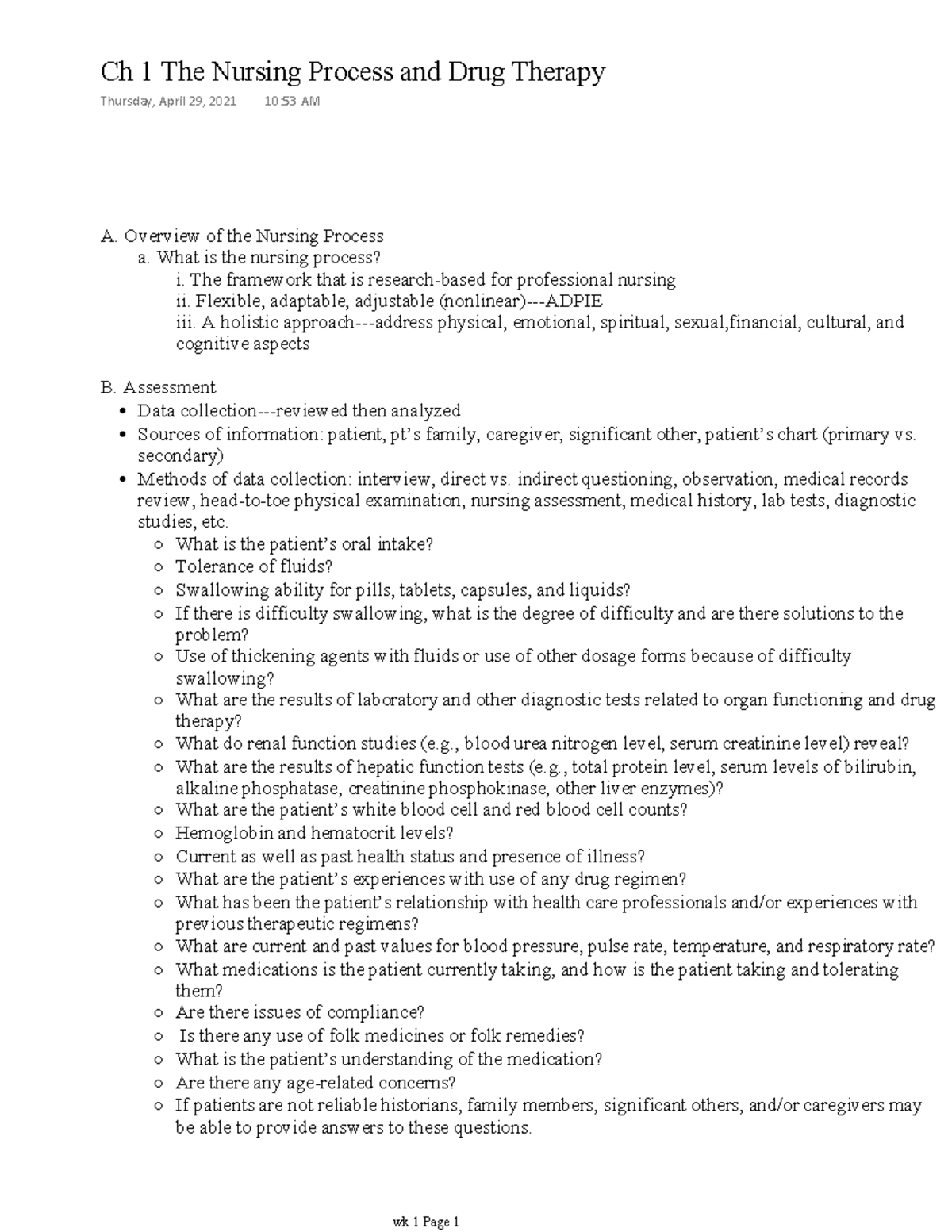 Ch 1 The Nursing Process and Drug Therapy - i. The framework that is ...