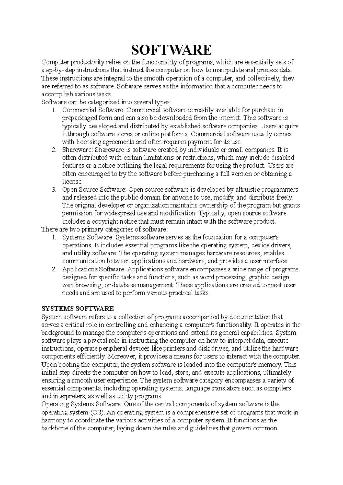 Chapter 3 computer - SOFTWARE Computer productivity relies on the ...