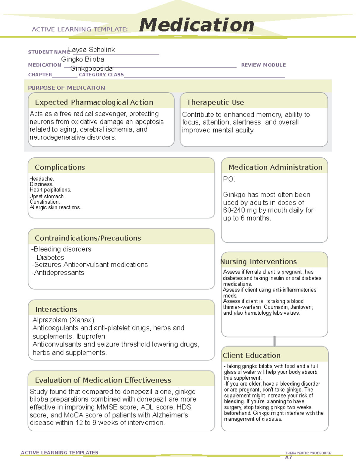 Ginkgo Biloba herbal medication ACTIVE LEARNING TEMPLATE Medication