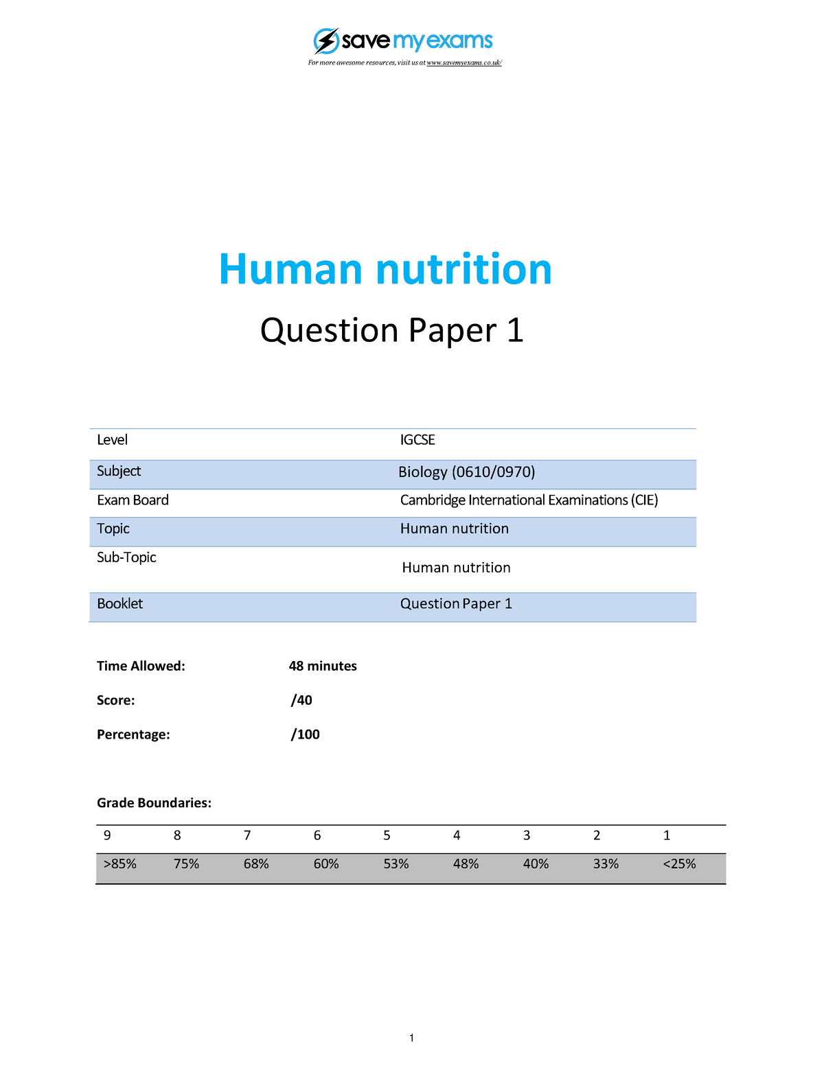 7 Human Nutrition Topic Booklet 1 CIE Igcse Biology - Human Nutrition ...