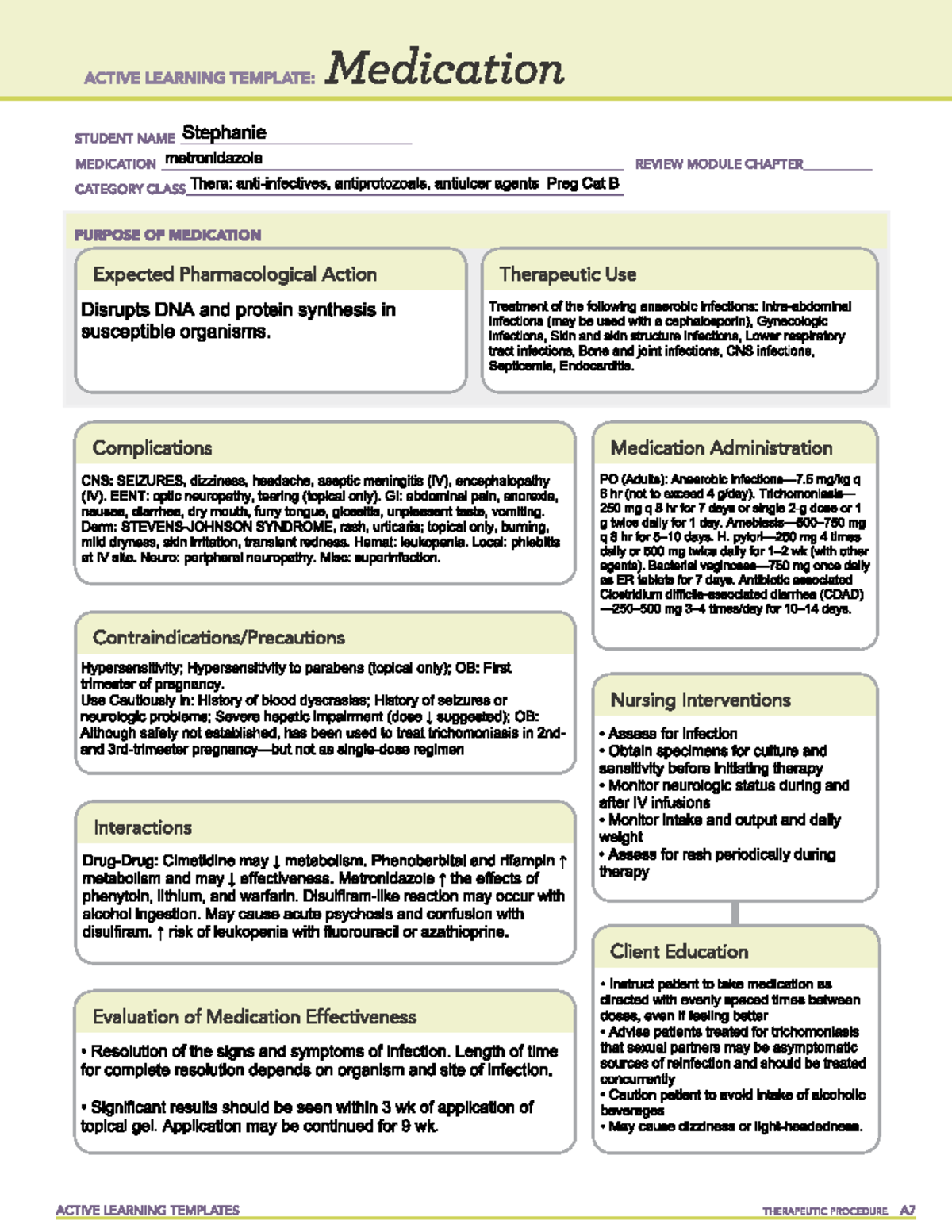 ATI ALT Med- Flagyl - NURS 4220 - Studocu