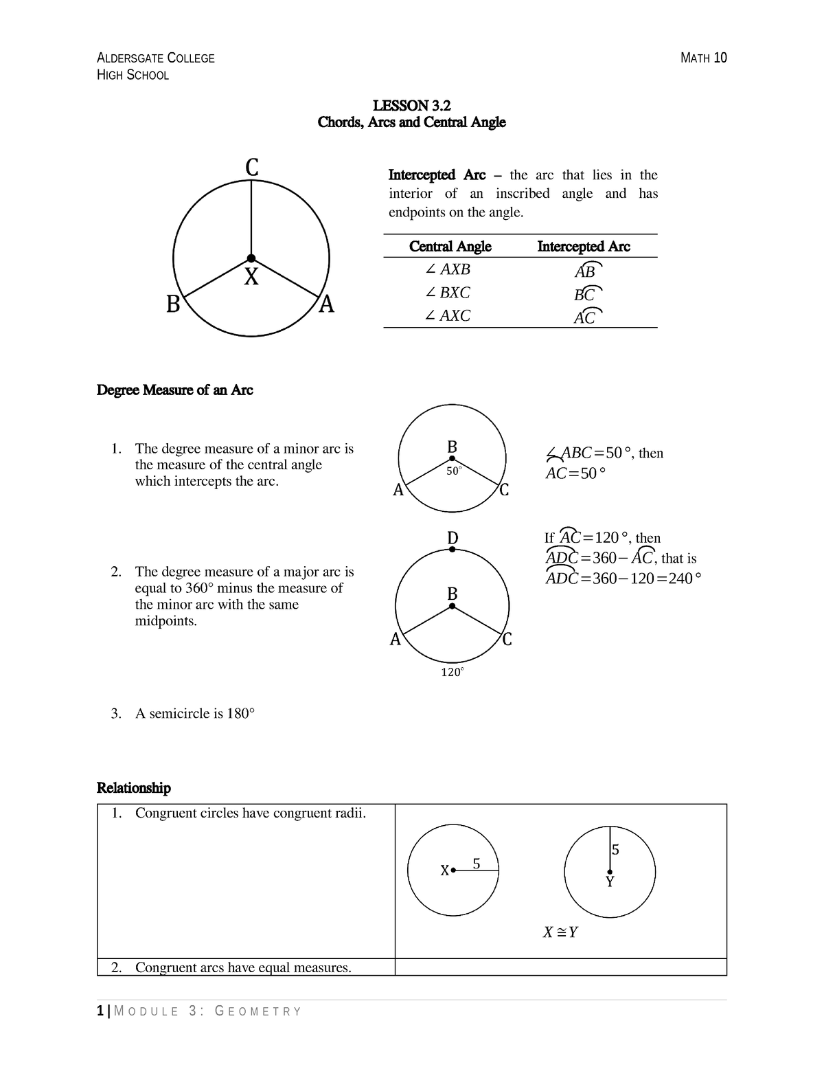 Math 10 Module 3 - Jahsbajjsbdb - HIGH SCHOOL LESSON 3. Chords, Arcs ...