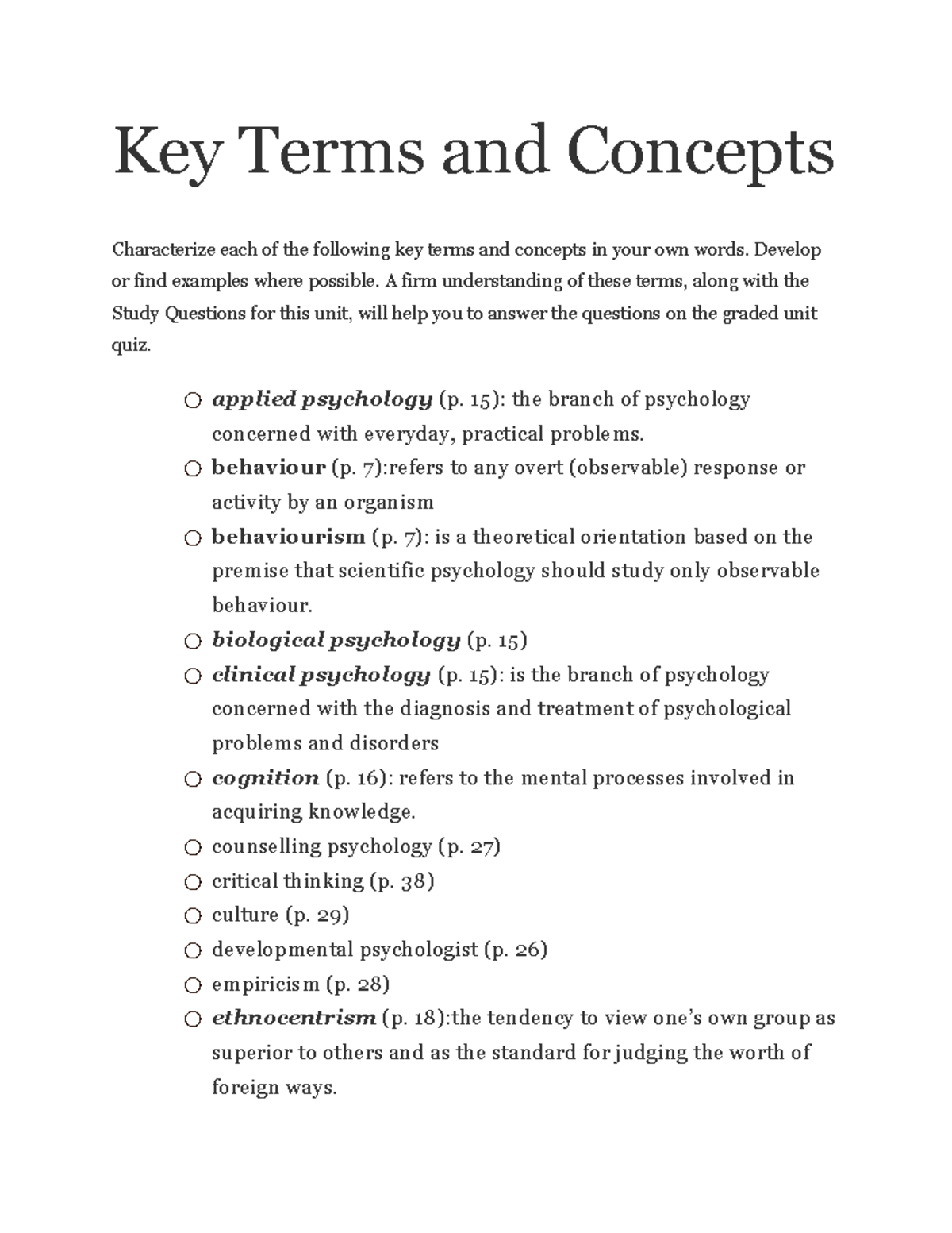 Unit 1 and 2 Questions - Key Terms and Concepts Characterize each of ...