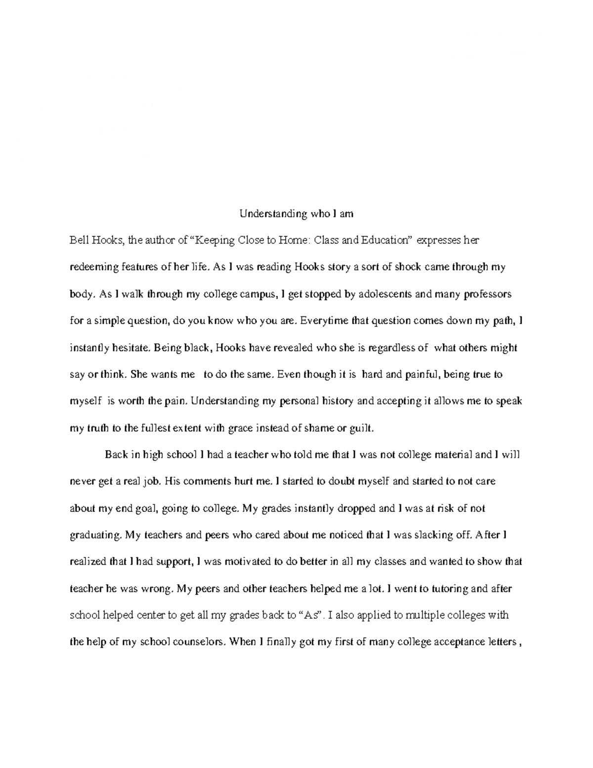 Final draft copy Bell Hooks Essay. Jalynn McDaniel Ms. Professor