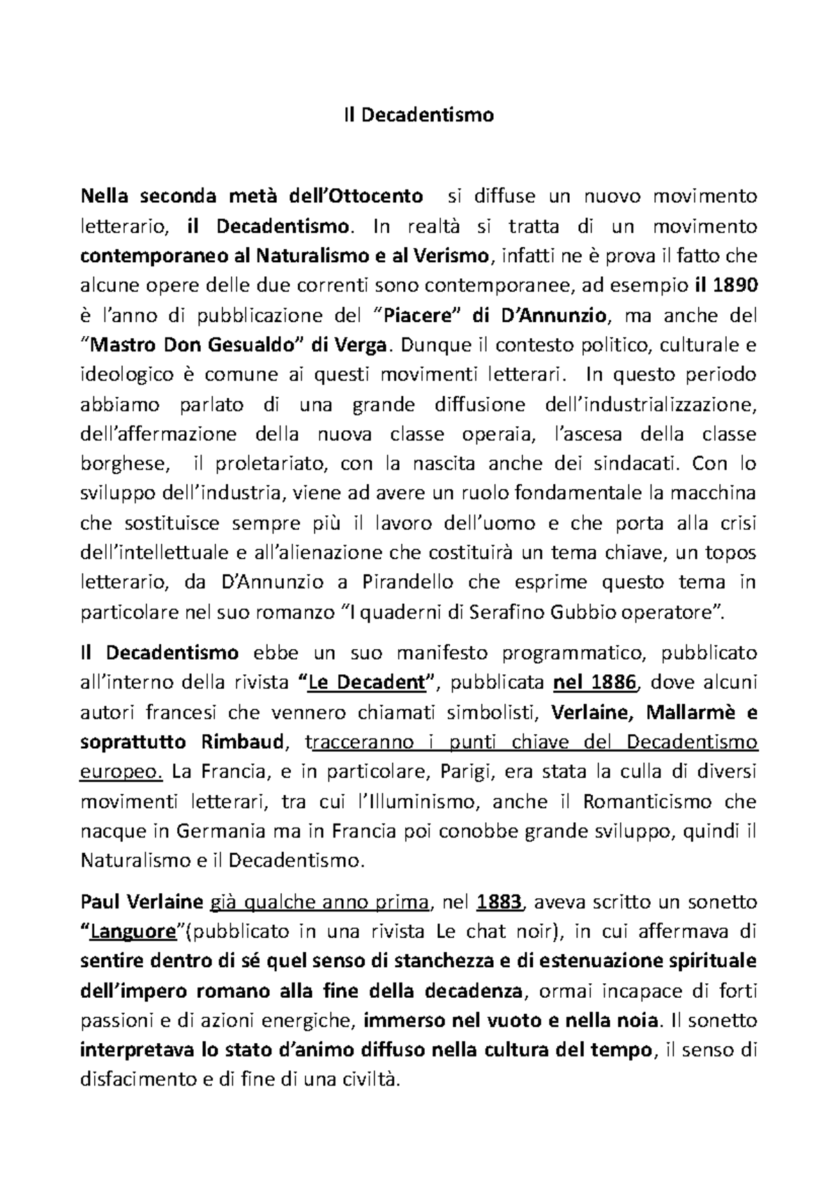 Il Decadentismo Sintesi per verifiche orali o scritte Il