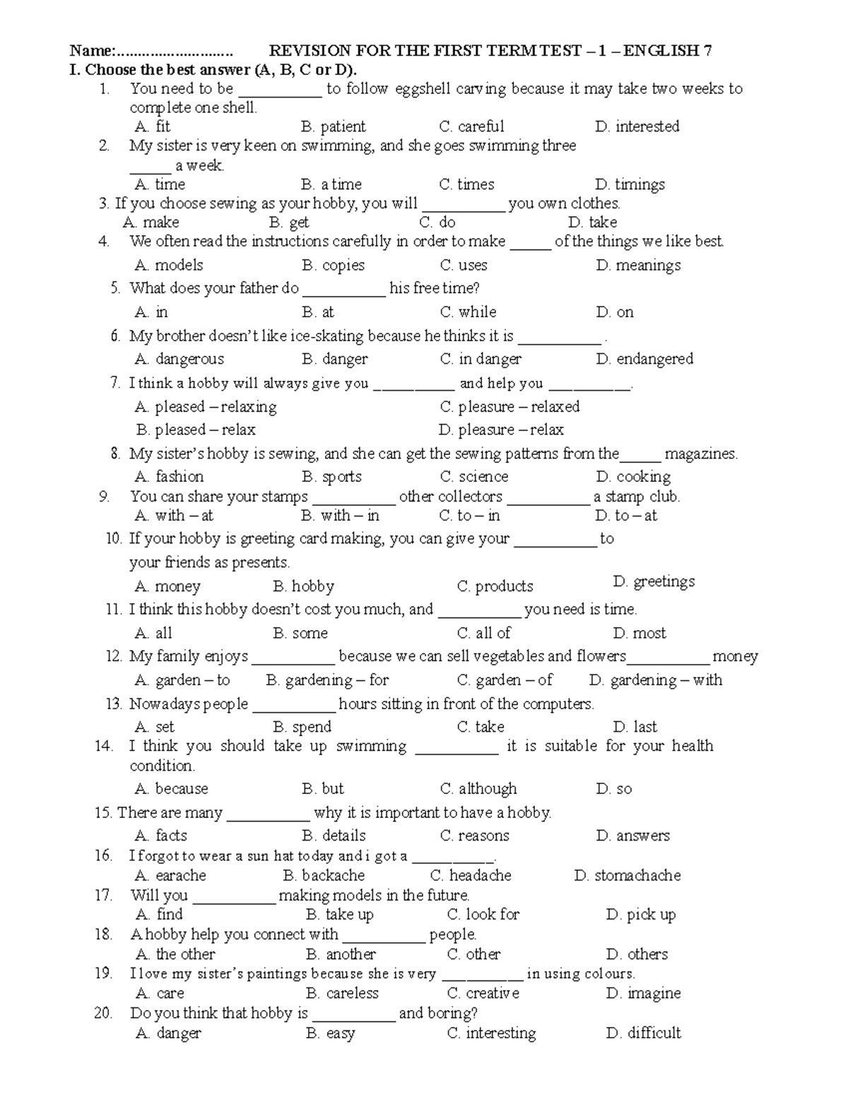 Revision for the first term test 2- e7 - Name ...