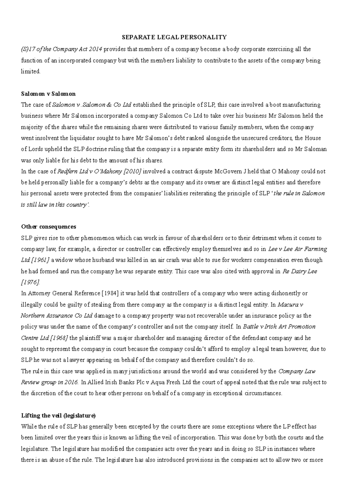 Seperate Legal Personality - SEPARATE LEGAL PERSONALITY (S)17 of the ...