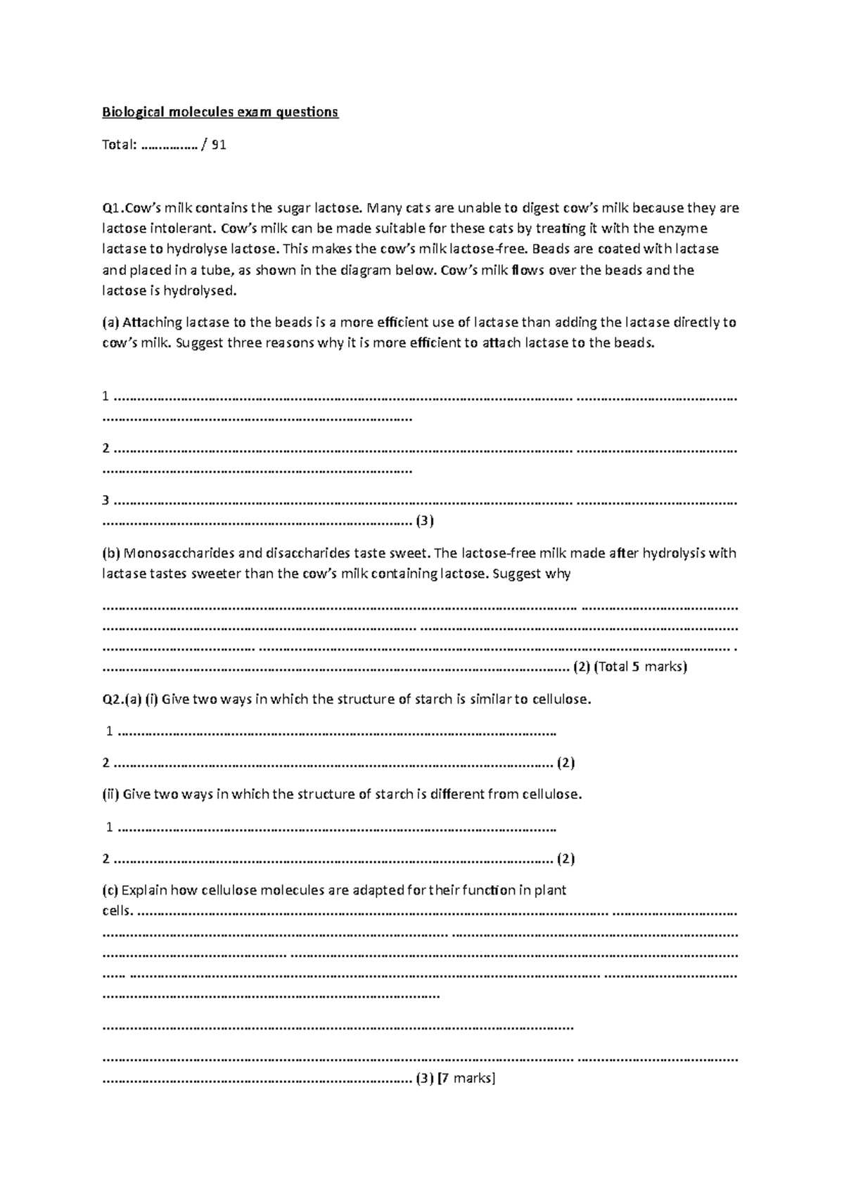 Biological molecules exam booklet - Biological molecules exam questions ...