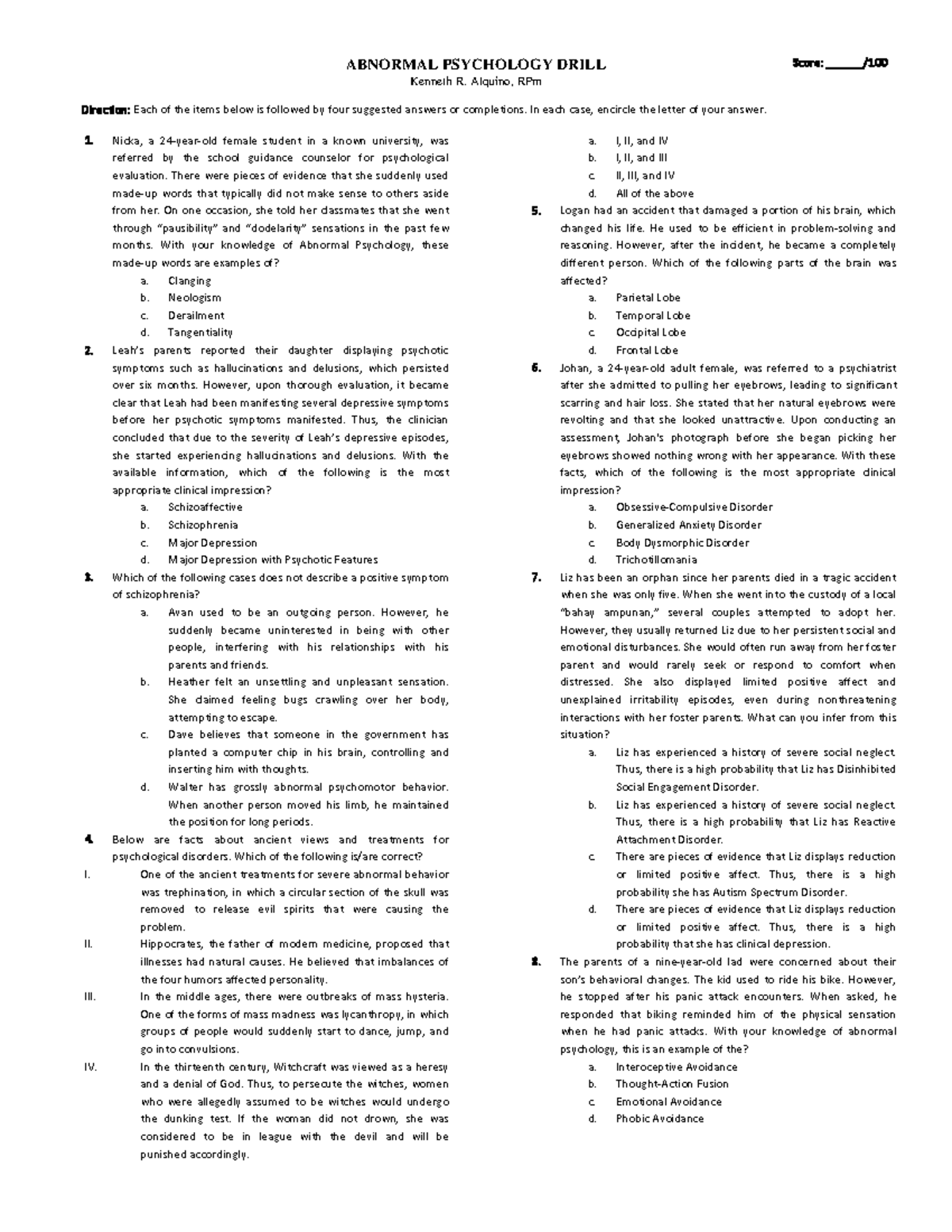 Drill Abnormal Psychology ABNORMAL PSYCHOLOGY DRILL R