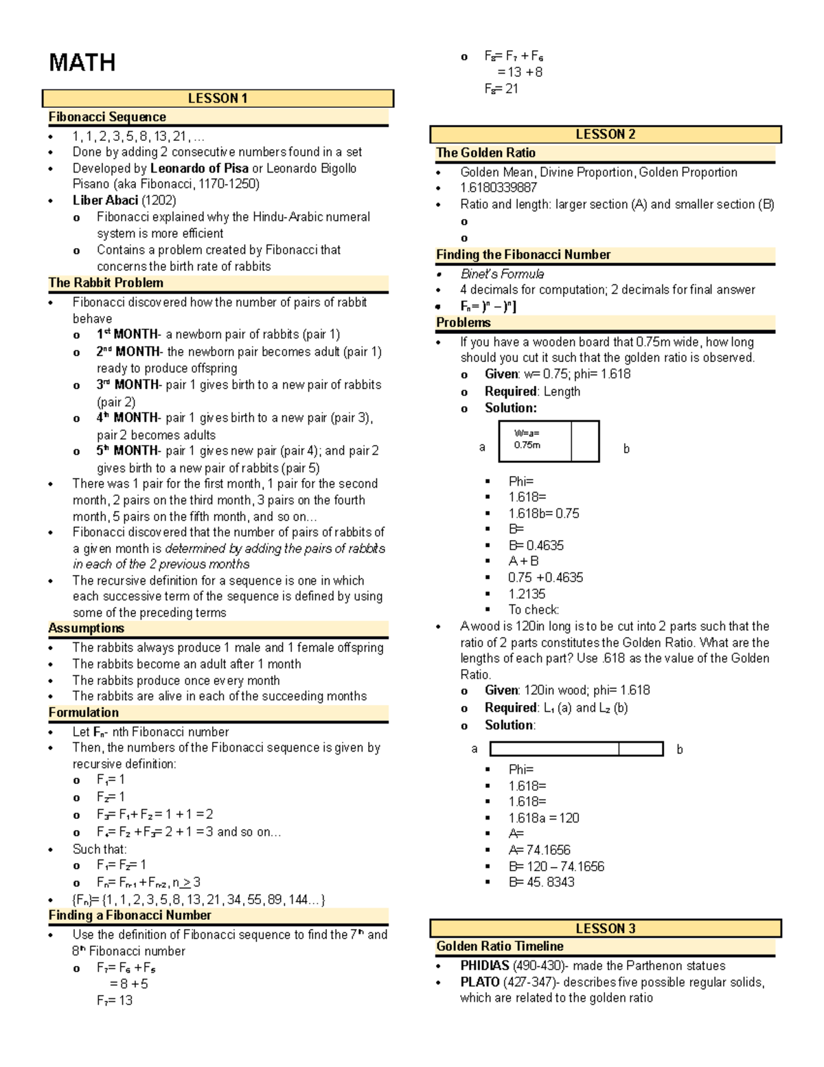 MATH - Math in the modern world - MATH LESSON 1 Fibonacci Sequence 1, 1 ...