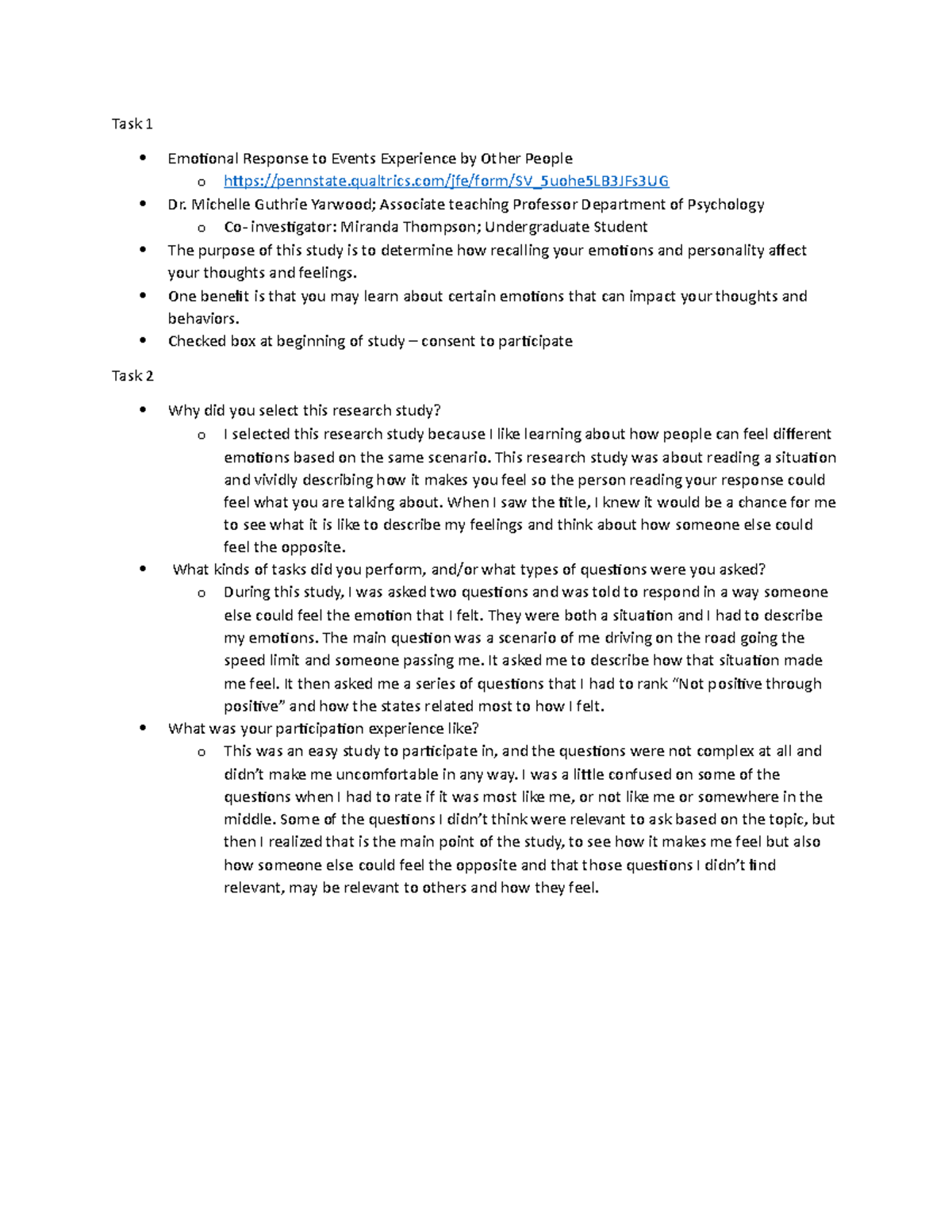 1-31 behavior study response 1 - Task 1 Emotional Response to Events ...