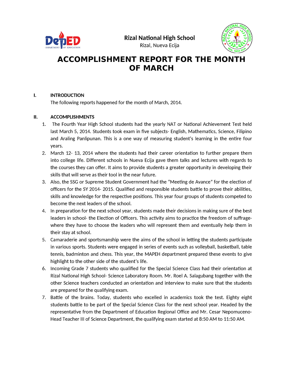 Accomplishment Report - Rizal National High School Rizal, Nueva Ecija ...