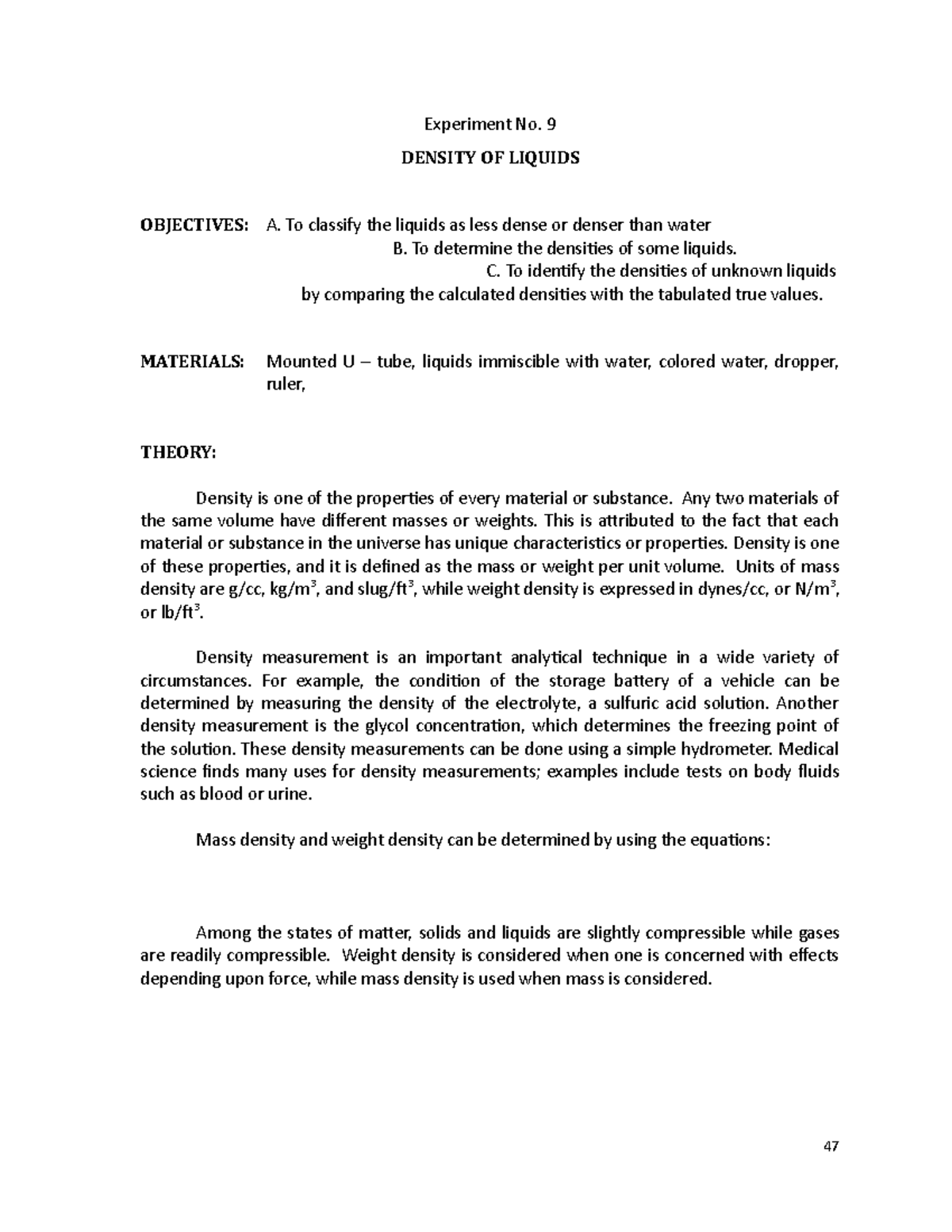 15 Exp 9 Density OF Liquids (47-51) - Experiment No. 9 DENSITY OF ...