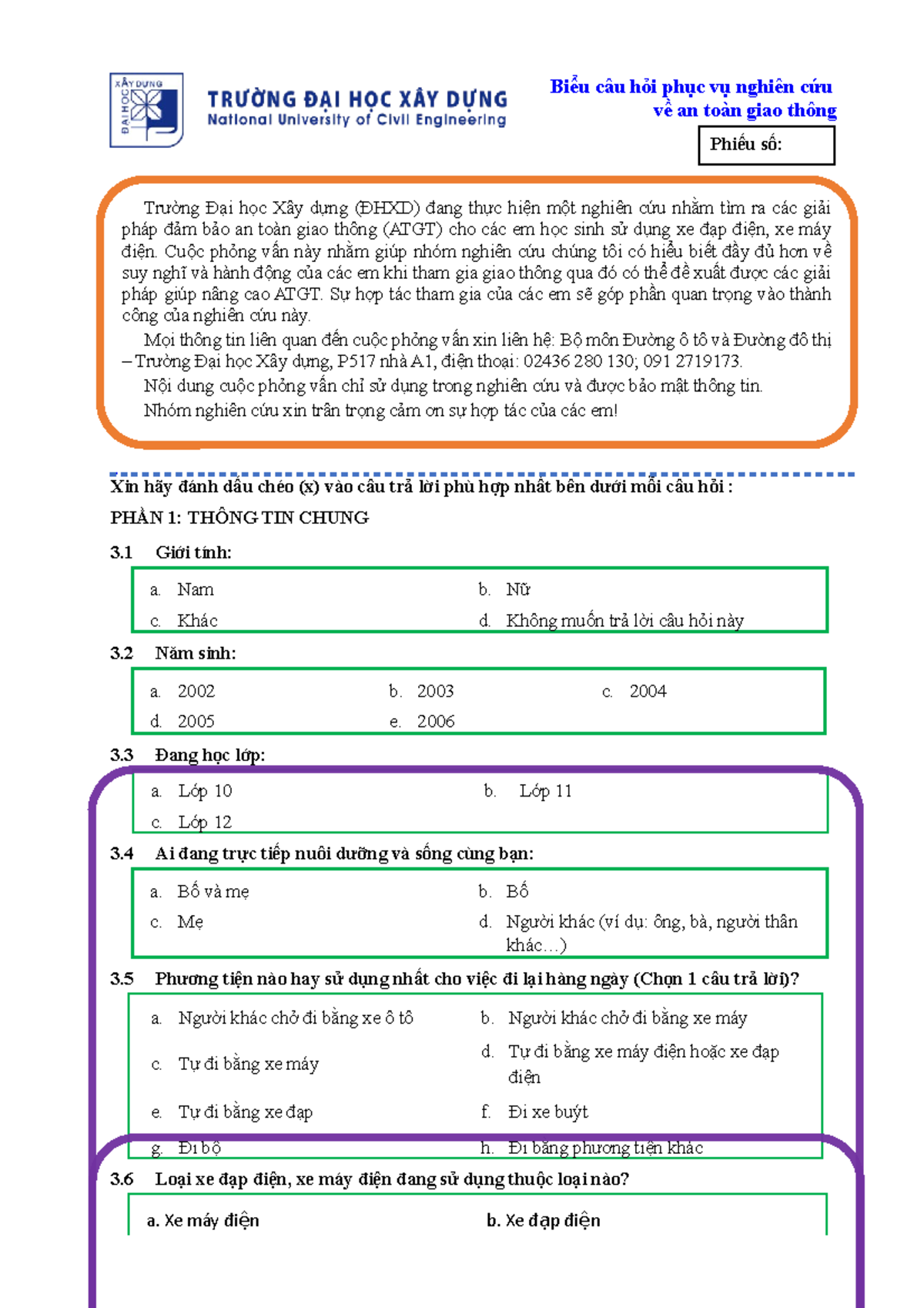 EBike Questionnaire VN 23 Biểu câu hỏi phục vụ nghiên cứu về an toàn