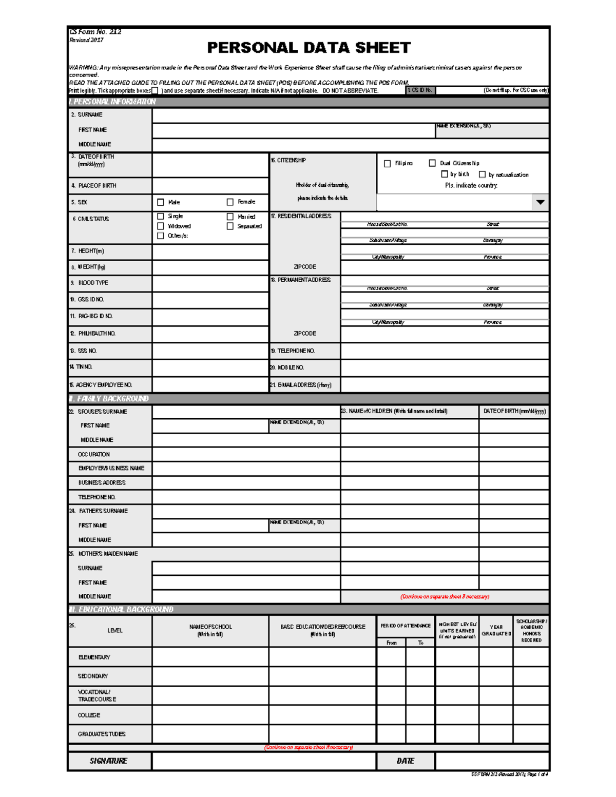 Cs form no 212 personal data sheet revised print legibly tick 