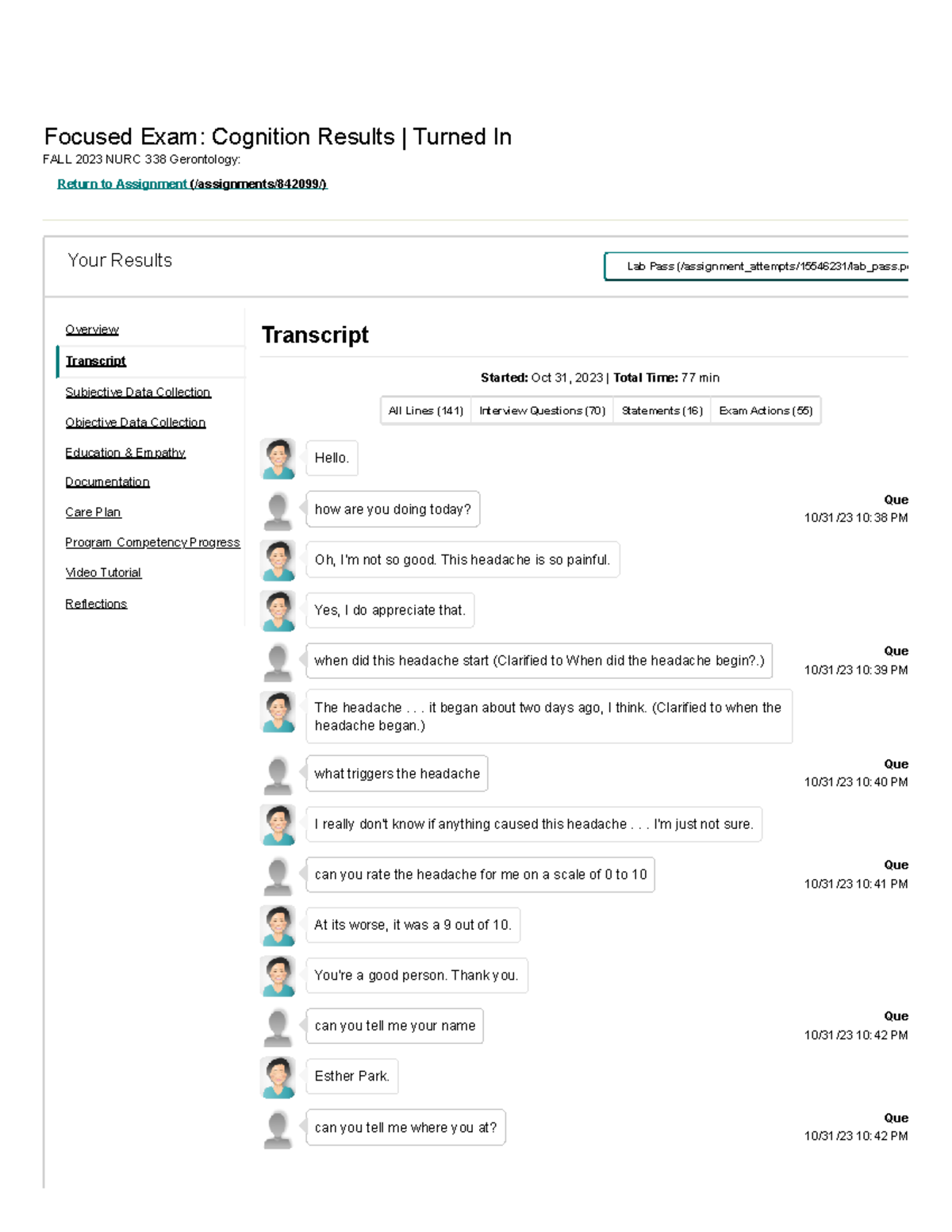 Shadow health esther park cognition interview questions Focused Exam