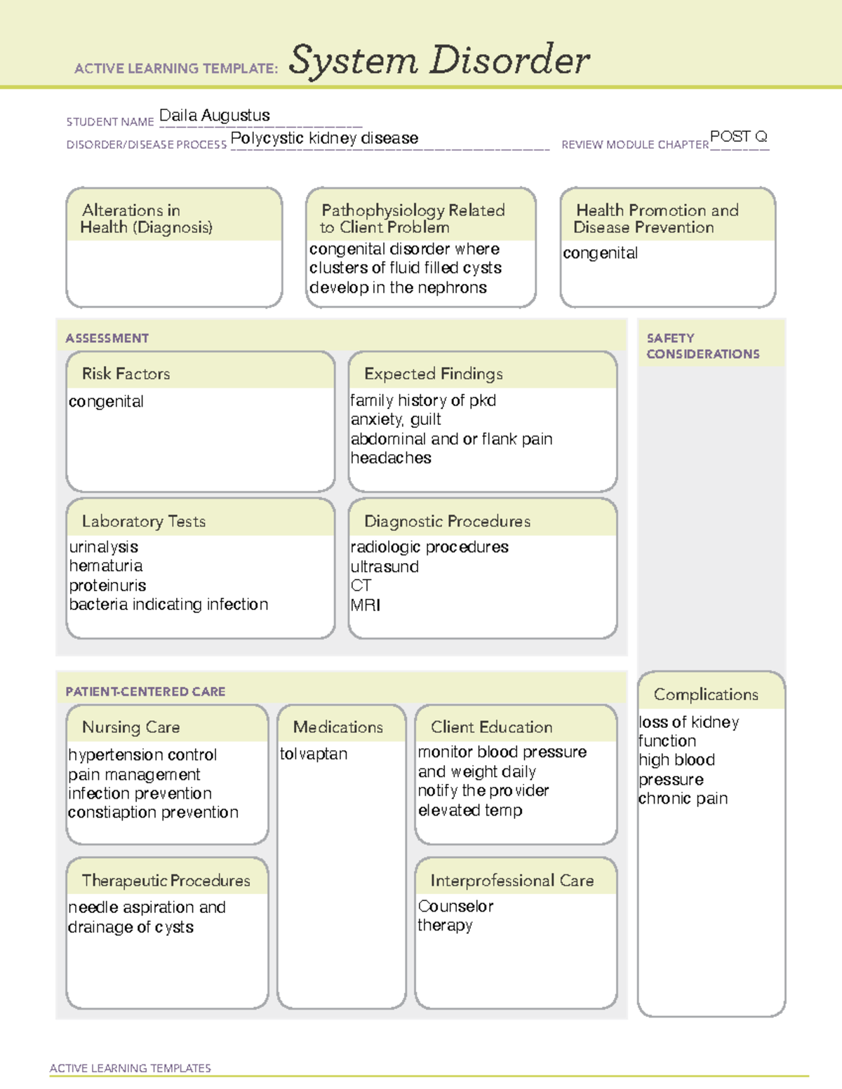 Pkd - Ati - ACTIVE LEARNING TEMPLATES System Disorder STUDENT NAME ...