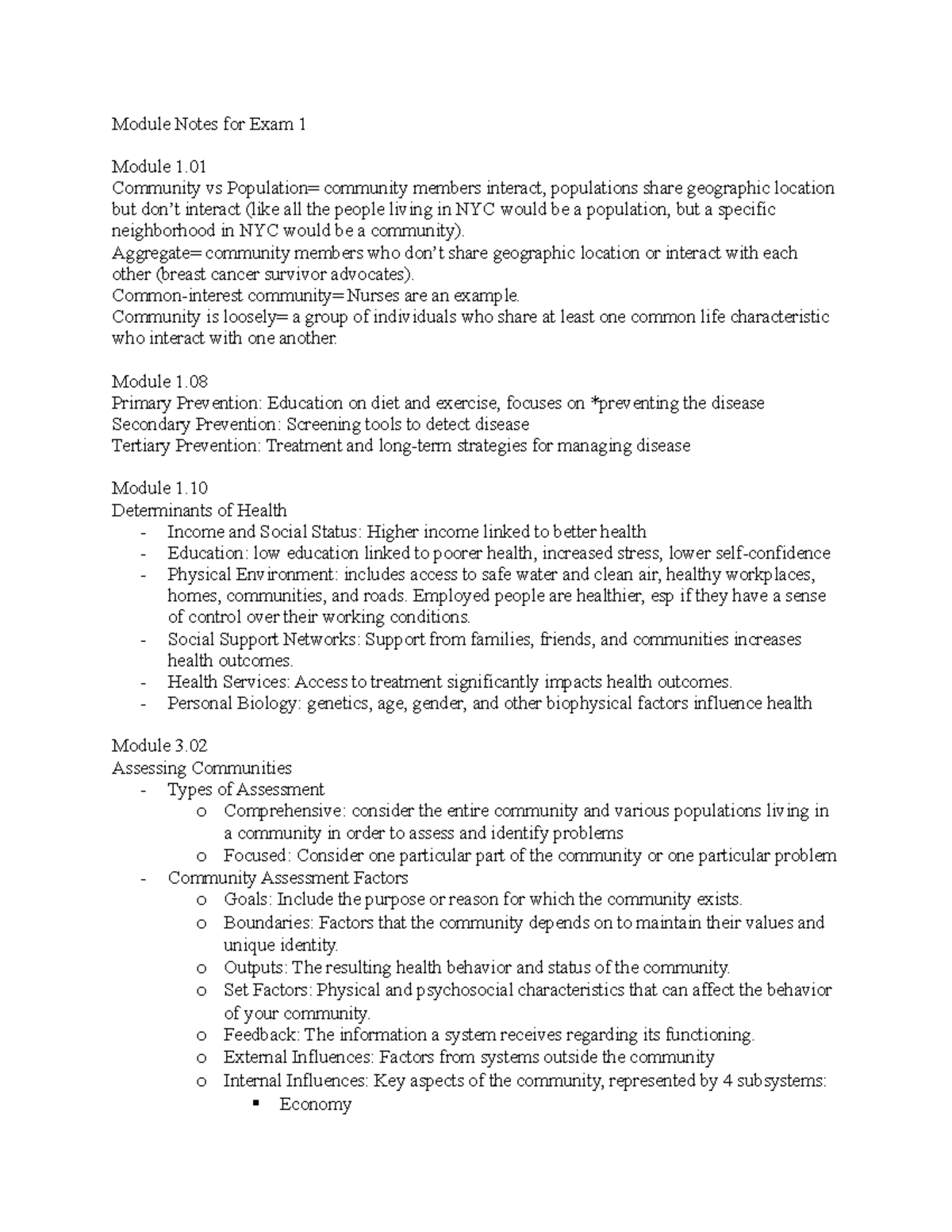 Module Notes for Exam 1 Community vs Population= community members