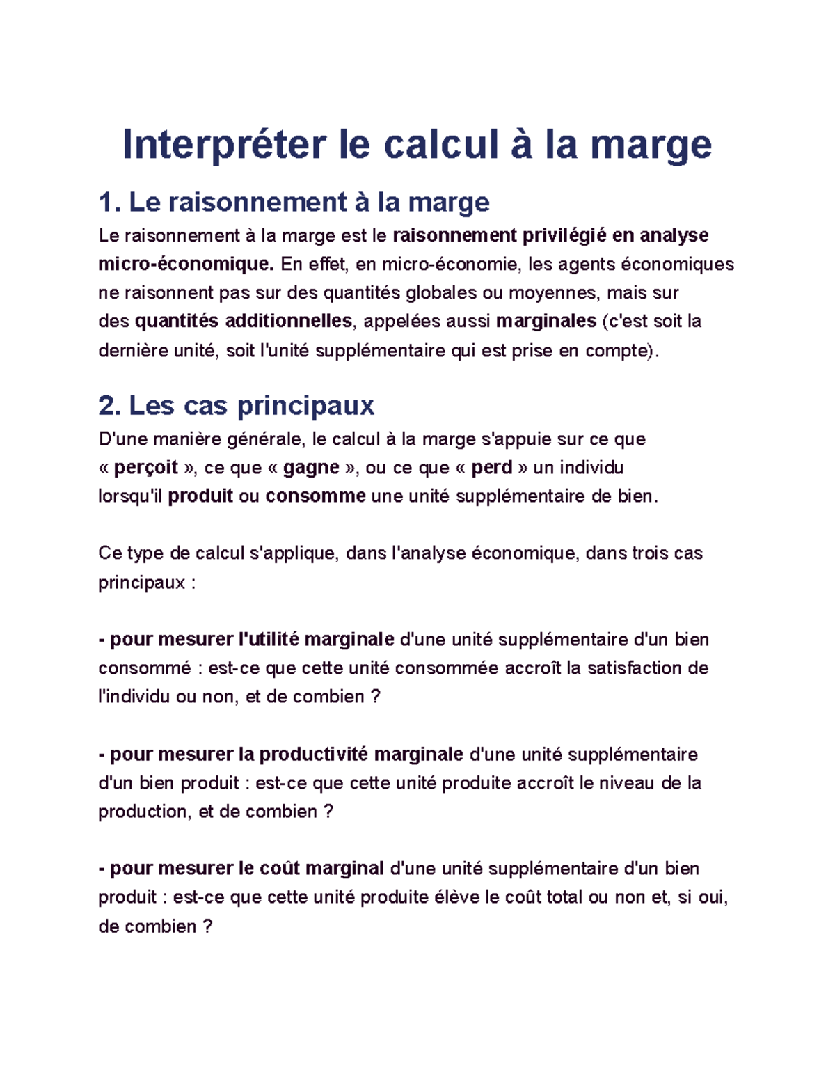Interpréter le calcul à la marge - Le raisonnement à la marge Le ...