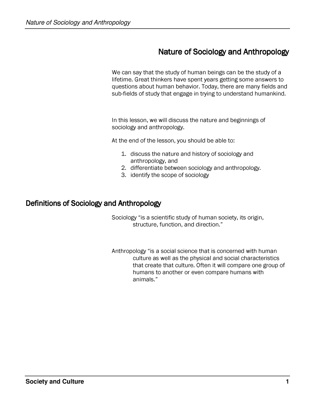 Module 1 - Society And Culture 1 Nature Of Sociology And Anthropology ...