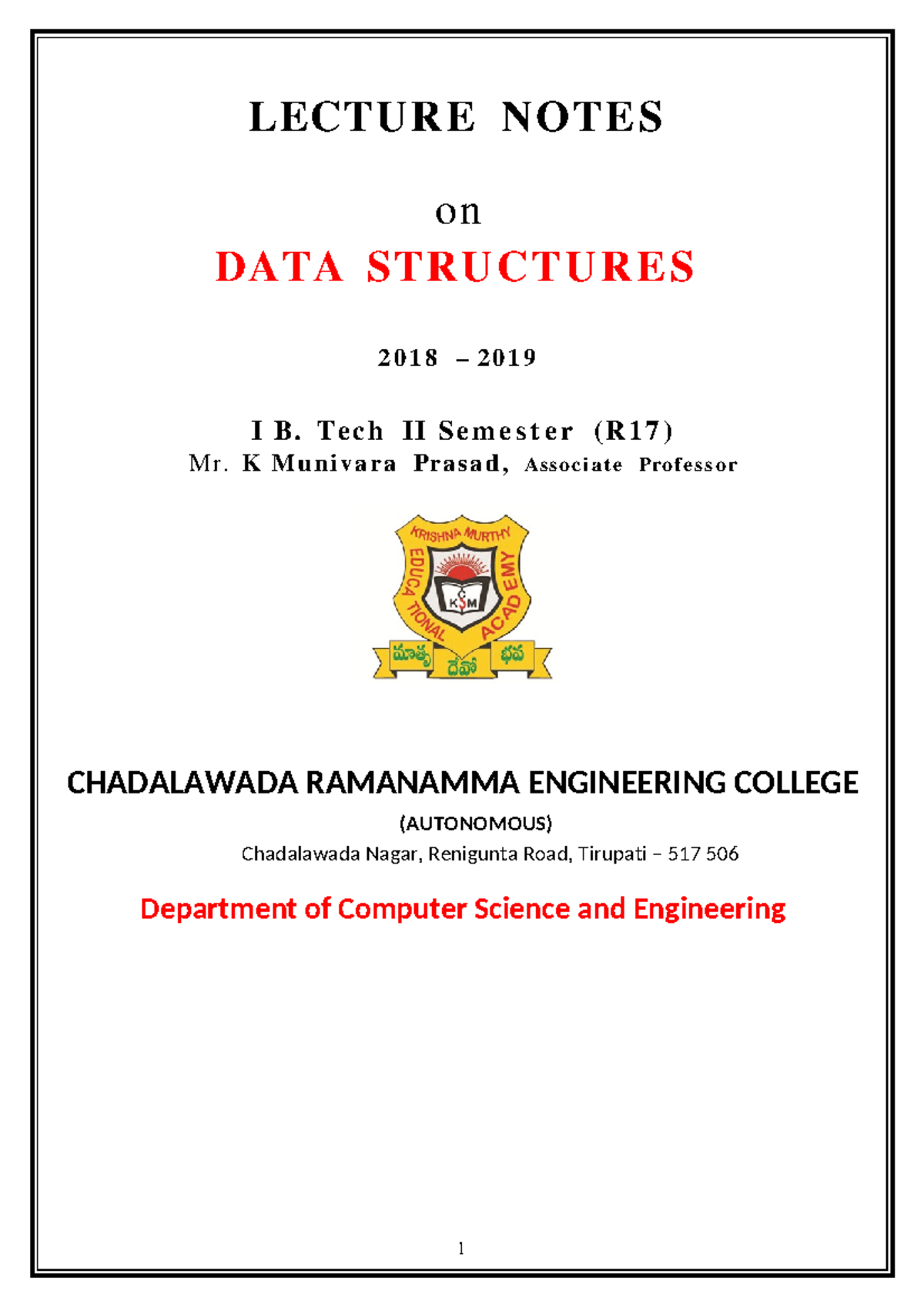 Data Structures Notes 1 - LECTURE NOTE S on DATA STRUCT U RE S 20 1 8 ...