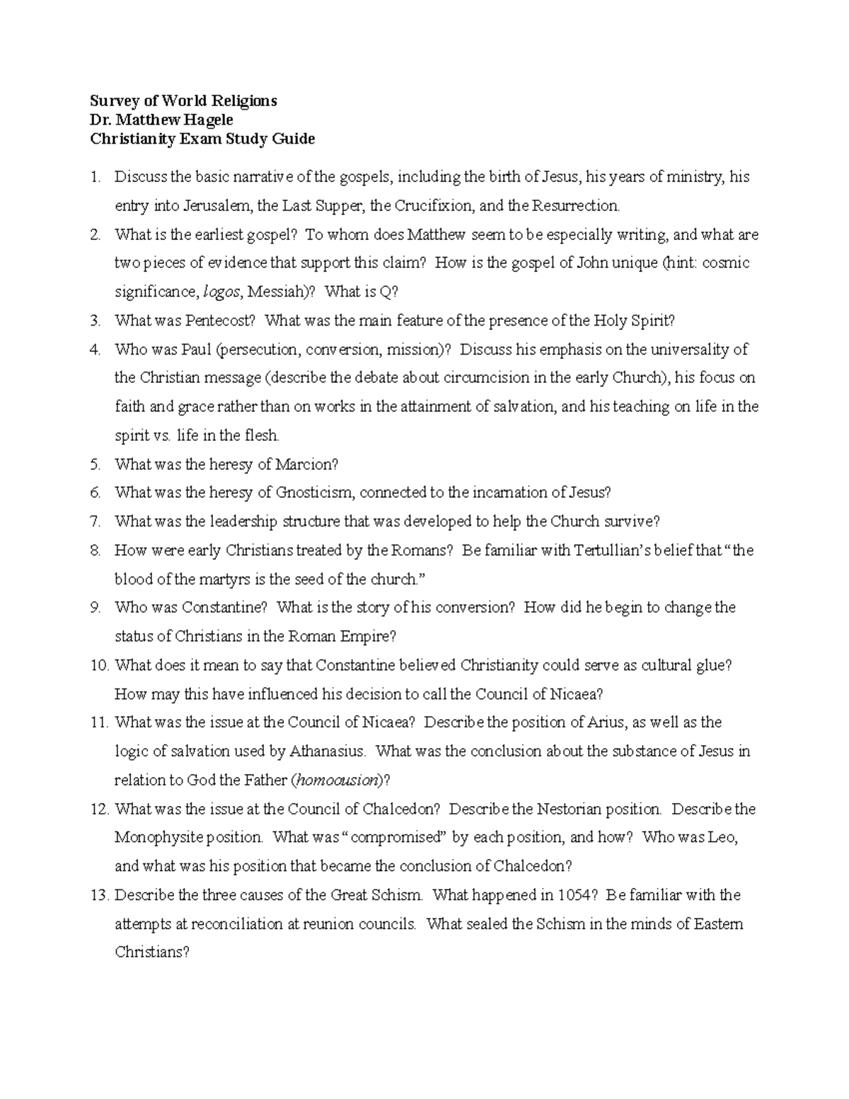 Christianity Exam Study Guide - Survey of World Religions Dr. Matthew ...