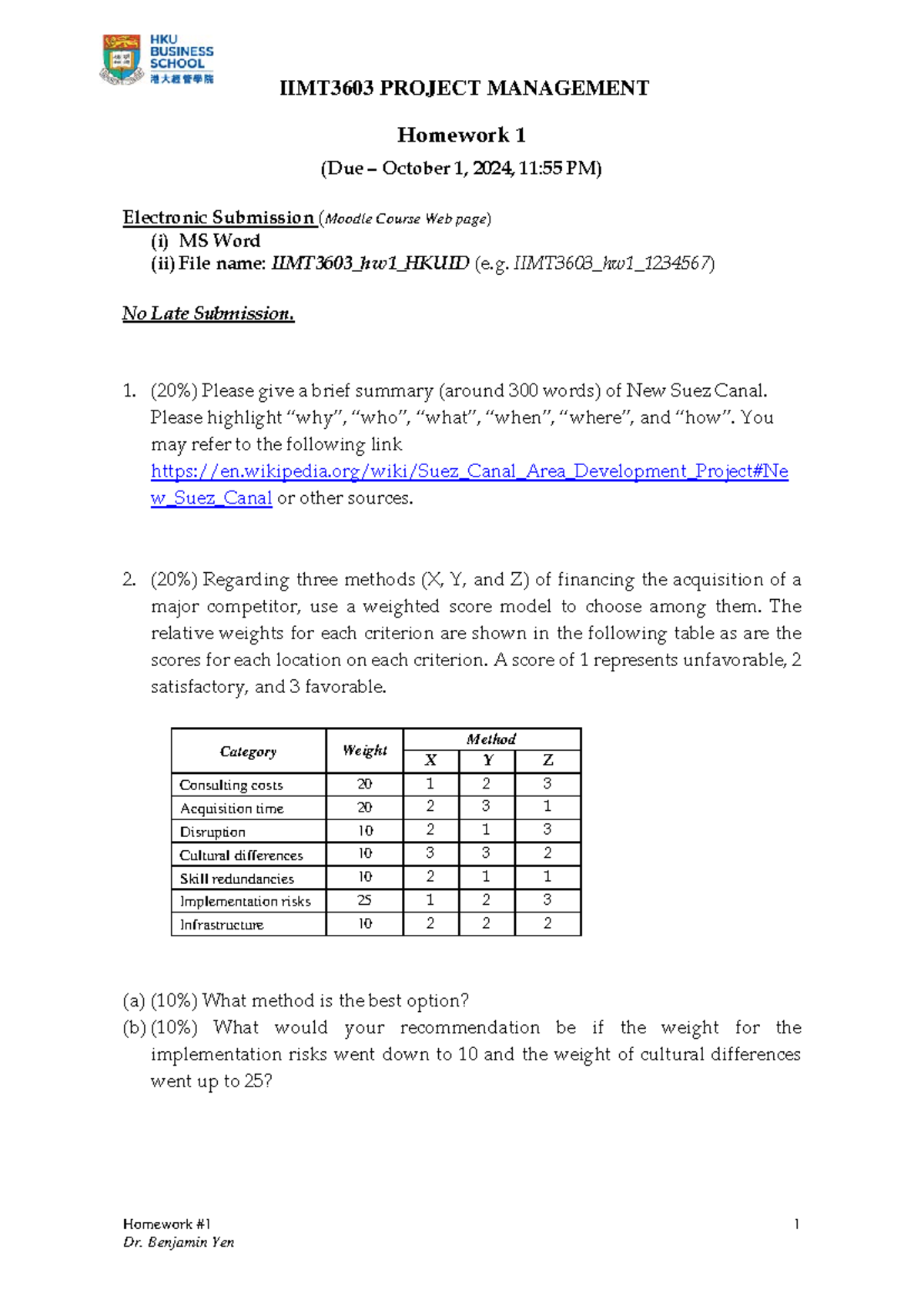 IIMT3603-24-h1 - home work 1 - IIMT3603 PROJECT MANAGEMENT Homework Dr ...