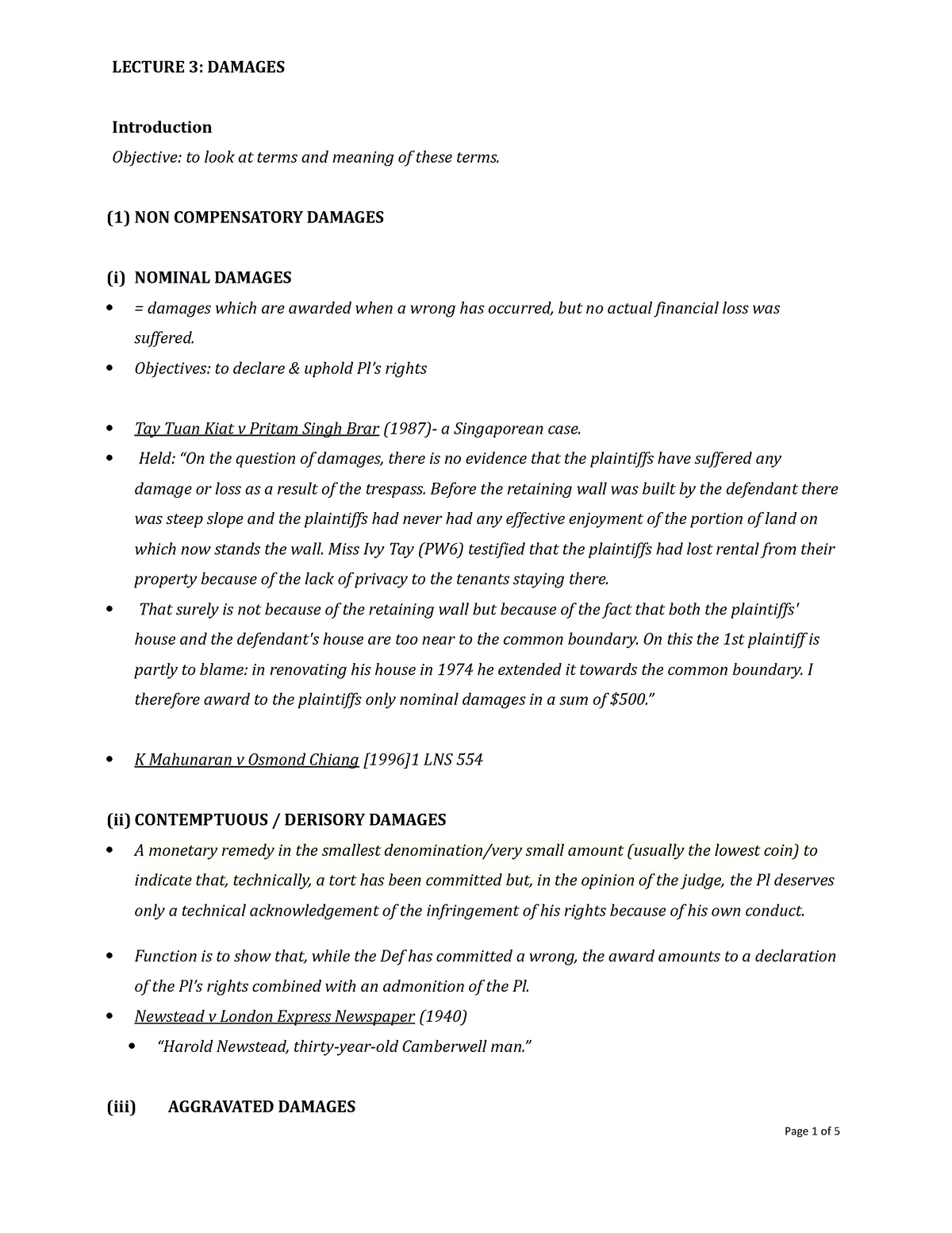 Types of Damages - Reference given lecturer - LECTURE 3: DAMAGES ...
