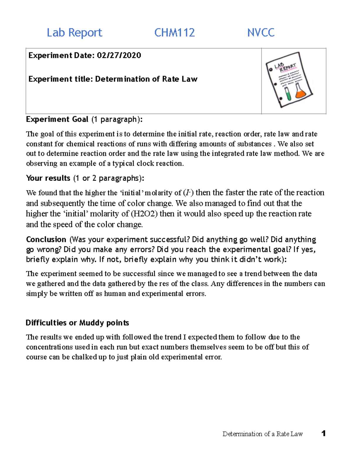 CHM 112 Determination of Rate Law report new - Lab Report CHM112 NVCC ...