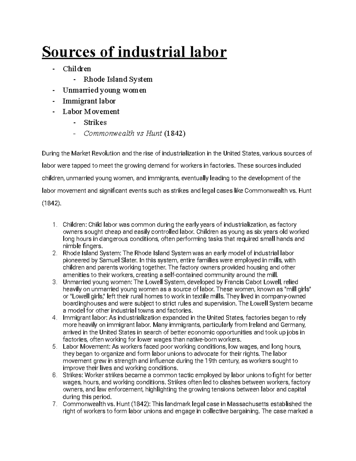 Sources of industrial labor and the influences of the world and the US ...
