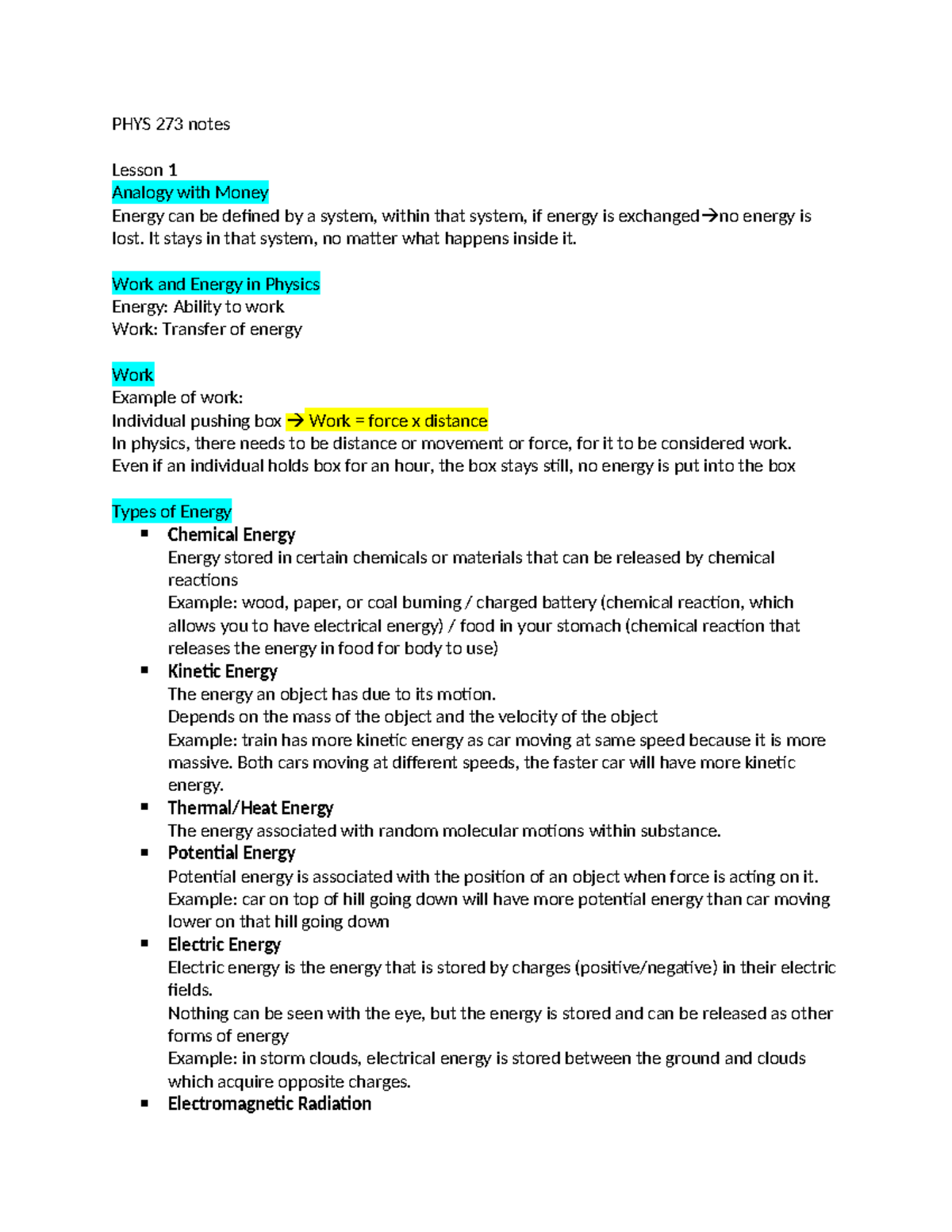 PHYS273 Lesson 1 notes - PHYS 273 notes Lesson 1 Analogy with Money ...