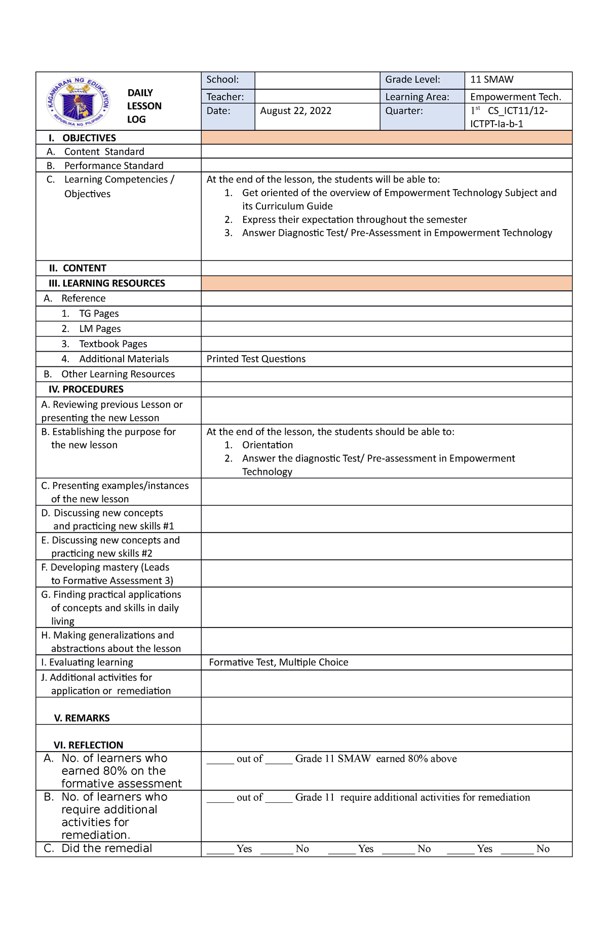 2. DLL In Empowerment Tech - SMAW 11 - DAILY LESSON LOG School: Grade ...