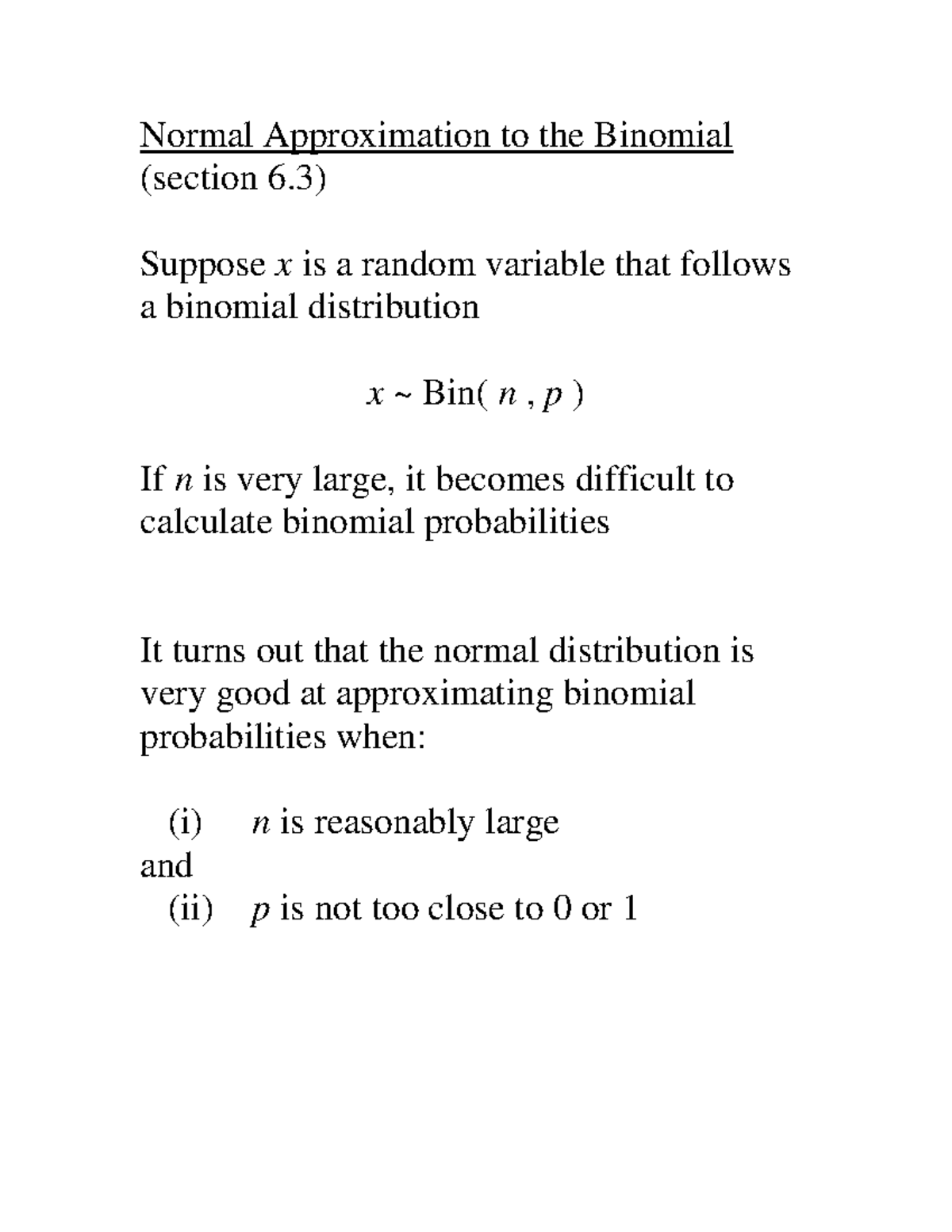 Section 6.3 stats - notes - Normal Approximation to the Binomial ...