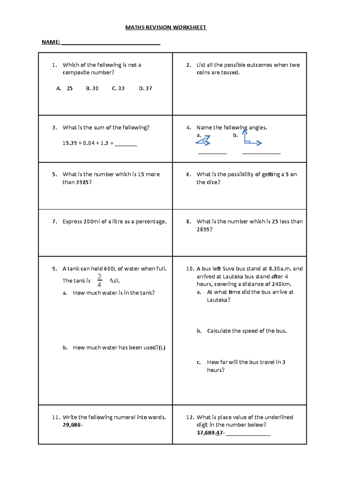 Maths Revision Worksheet - MATHS REVISION WORKSHEET NAME